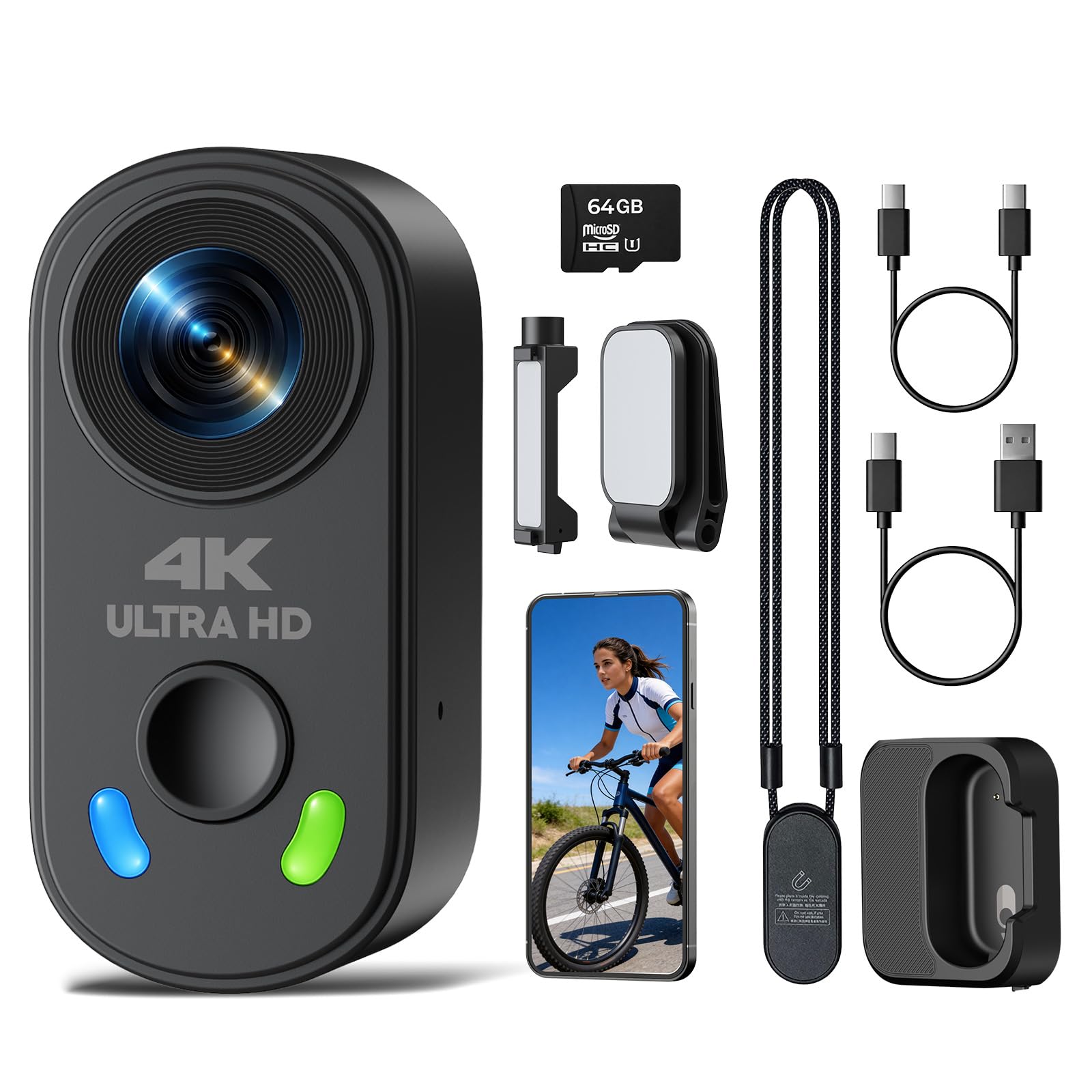 Mini Action Cam 4K 30fps con Custodia di Ricarica, Body Cam Magnetica Indossabile con Scheda 64GB, 6-Assi EIS Anti-vibrazione, Grandangolo 150°, POV Camera per Moto, Vlog, Bici