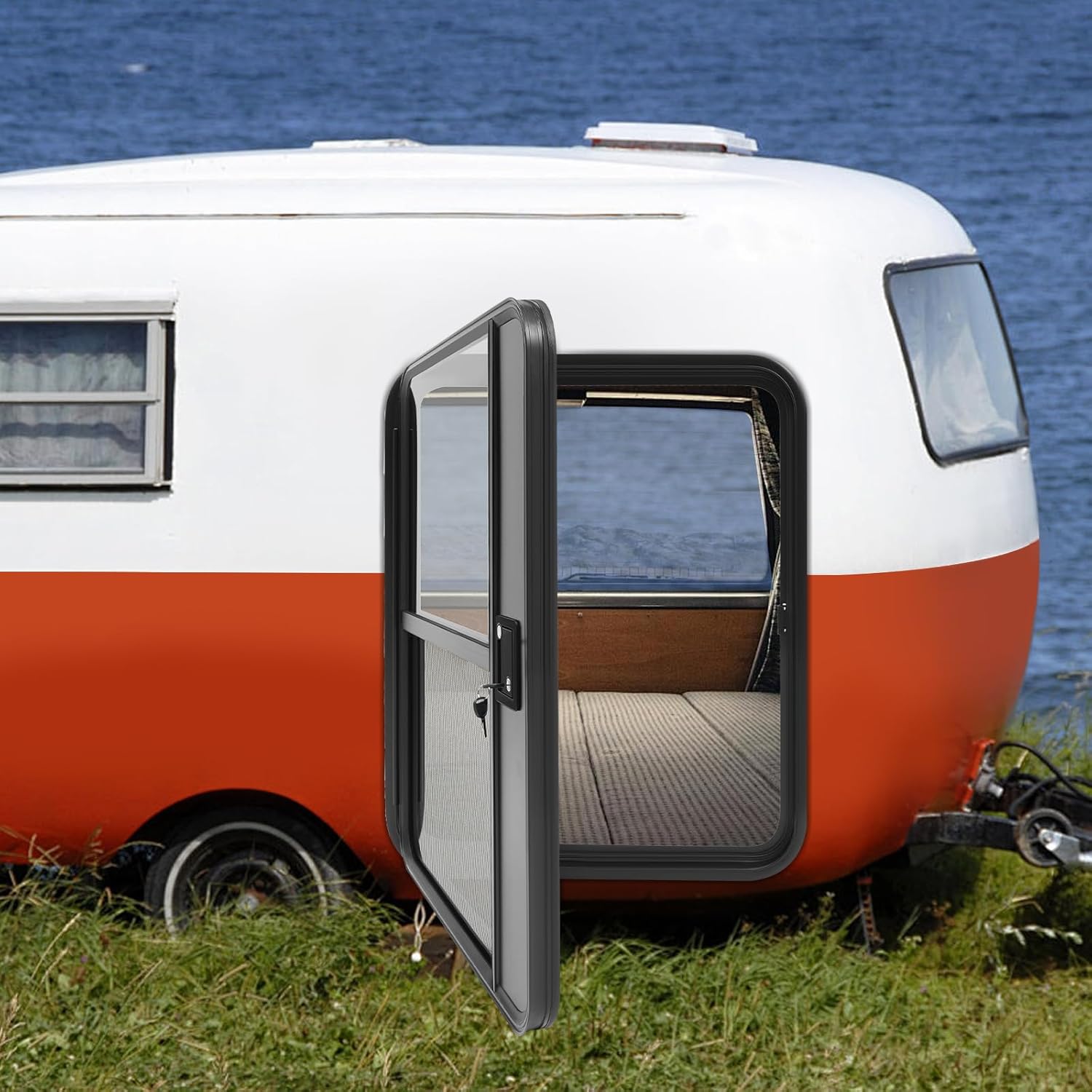 30" W x 36" H Teardrop Trailer Door,Left Driver Side Black RV Camper Trailer Entry Door,Aluminum Alloy RV Camper Entry Door w/Lock & Keys for Trailers & Campers