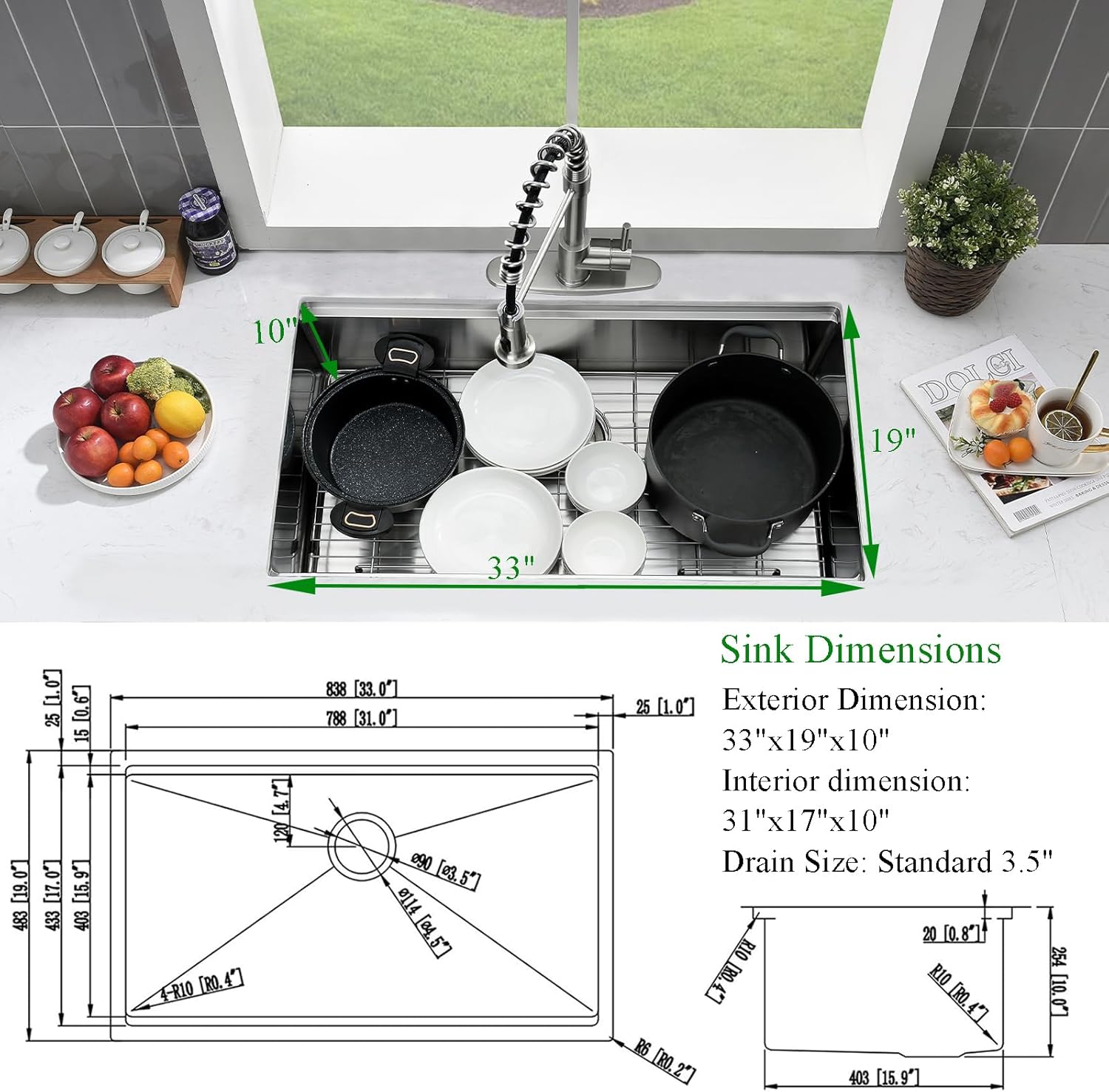 33 Inch Undermount Kitchen Sink, 33×19 Stainless Steel Workstation Sinks Handmade Large Kitchen Sink 16 Gauge Deep Single Bowl Kitchen Sinks with Cutting Board