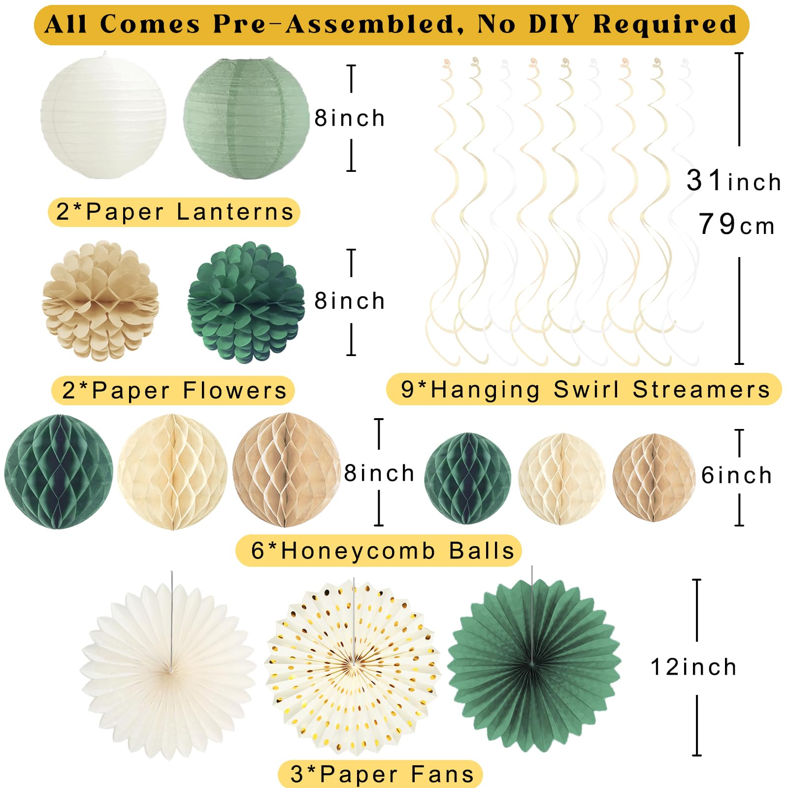 Sage Green Baby Shower Decorations Boy, Pre-Strung Welcome Baby Sign with Honeycomb Balls, Paper Flowers, Lanterns, Fans, Hanging Swirls, Circle Dots Garland for Boy Baby Shower Decorations 24pcs