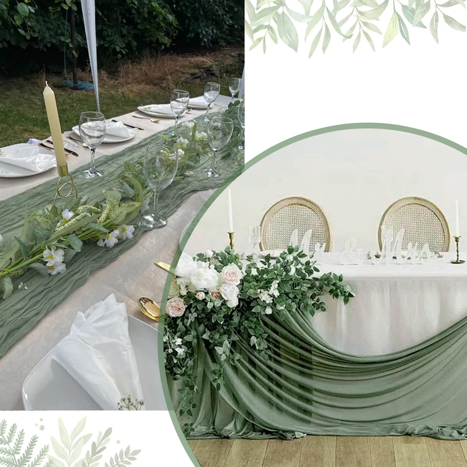 Tischläufer Eukalyptus Grün 4 Stück, mit 9 Eukalyptuszweig Deko Käsetuch Cheesecloth Musselin Salbeigrün Tischläufer Boho 90x300 cm Lang Hochzeit Geburtstag Tischdeko (Packung mit 2)