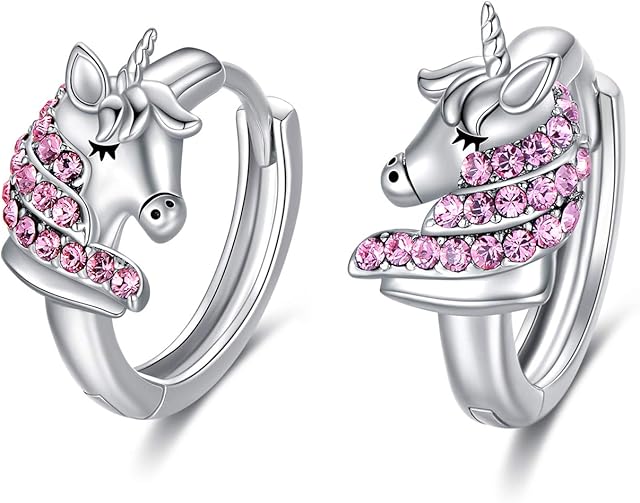 Sterling Silver Unicorn Hoop Earrings with Pink Crystals, Unicorn Jewellery Birthday Gifts for Girls Women Daughter