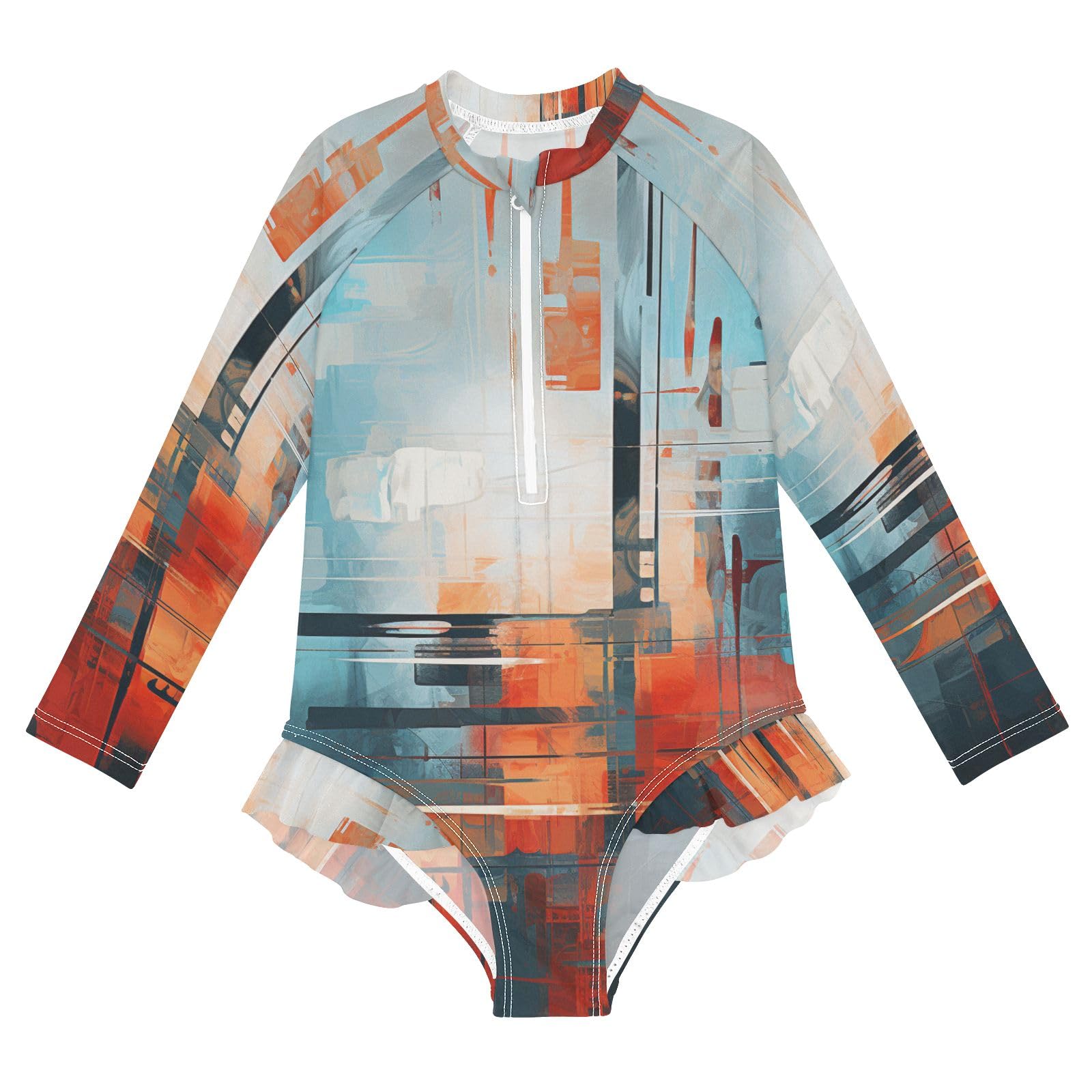 ALAZA Swimsuit for Girls Long Sleeve Rashguard Bathing Suit Abstract Geometric 3 Quick Dry 4T
