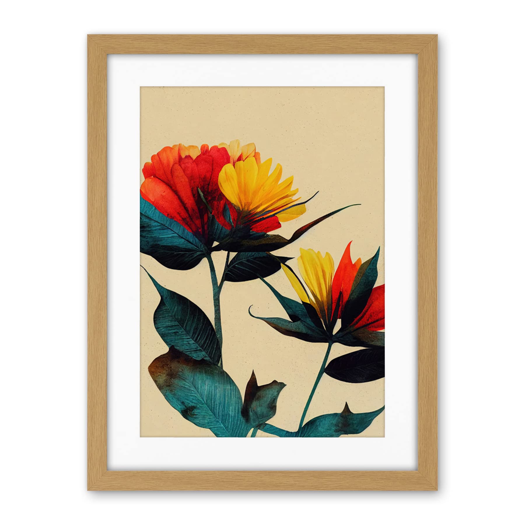 Wee Blue Coo Botanical Bold Flowering Yellow Red Teal Artwork Framed Wall Art Print 18X24 Inch