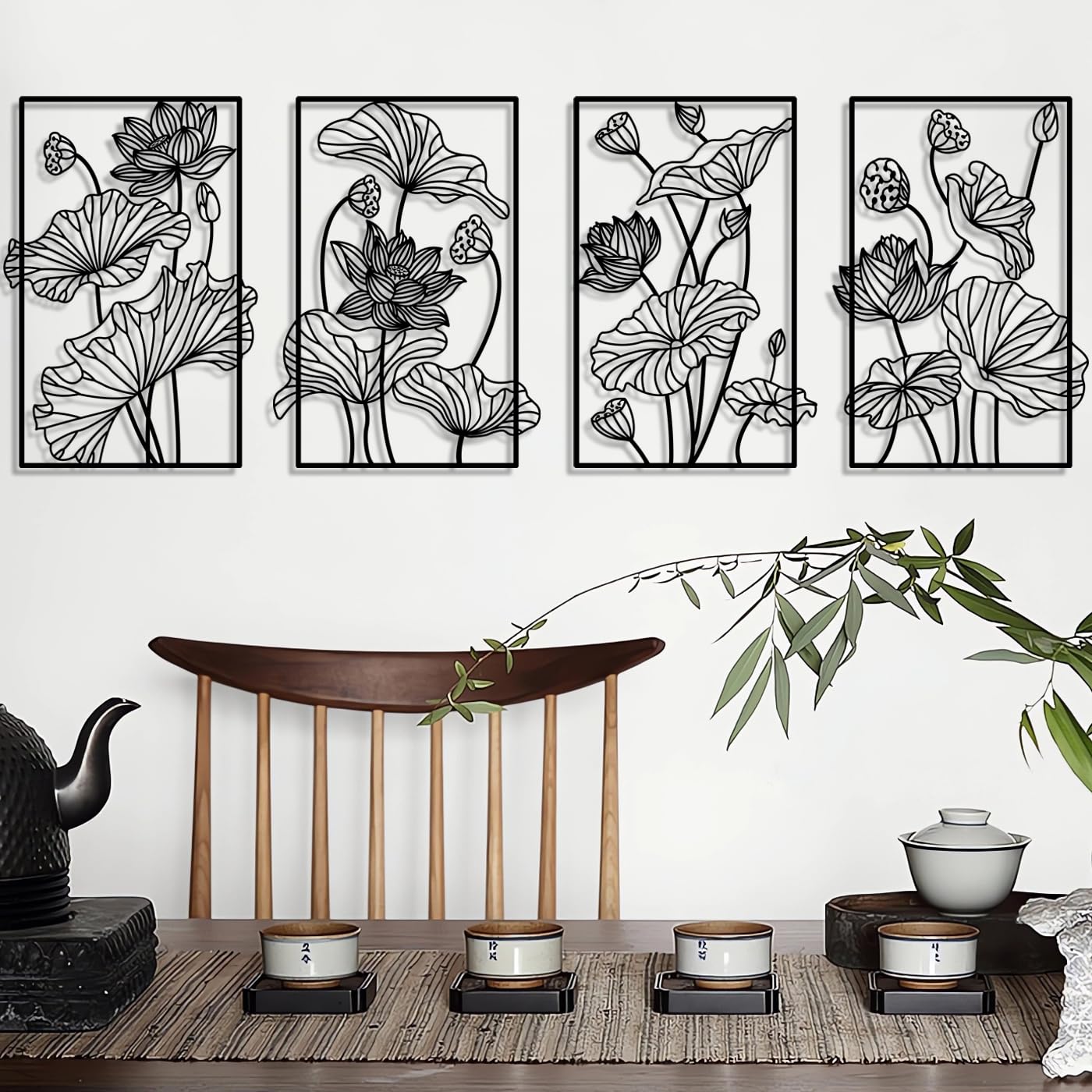 Pduoduo Metall Abstrakte Pflanze Floral Line Art Wanddekoration,Blume Minimalistische Wandkunst,Linie Blume Moderne Hängende Skulptur 4 Panel