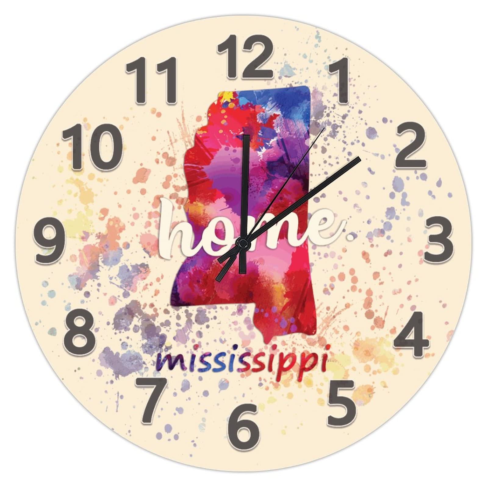 UFunhome 50 States of America Wall Clocks Watercolor Map of Mississippi Wooden Hanging Clocks Silent Non Ticking Wall Clock Battery Operated