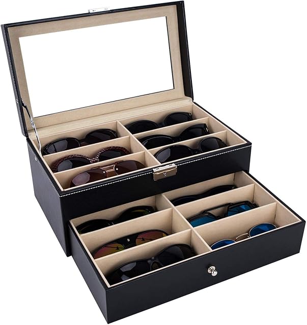 AUTOARK Leather 12 Piece Eyeglasses Storage and Sunglass Glasses Display Drawer Lockable Case Organizer,Black,AAWU-026