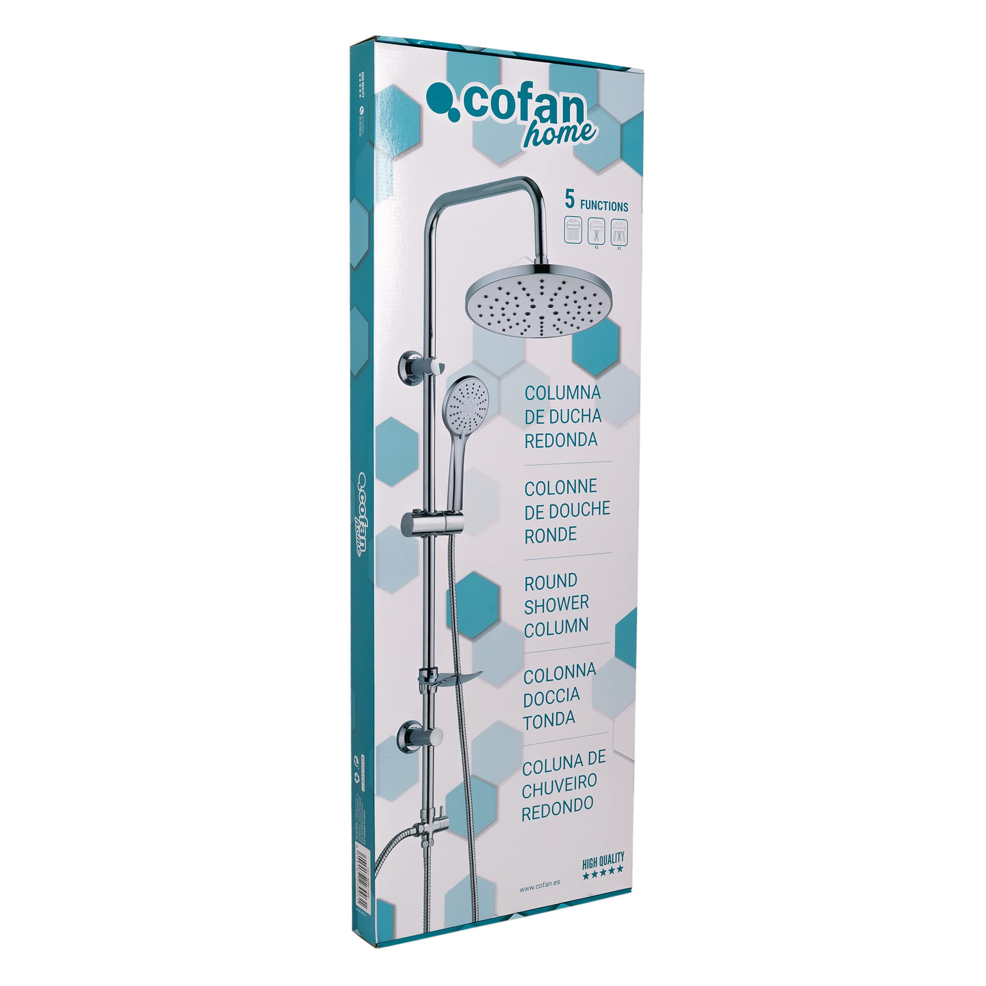 Cofan Columna de Ducha Redonda | Con 5 Funciones | Mango + Flexo + Barra Deslizante + Rociador + Jabonera | Fabricado en ABS Cromado