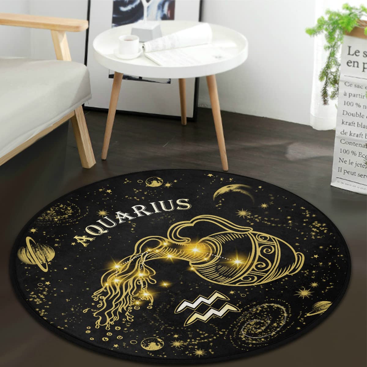 Constellation Aquarius Round Area Rug or Bedroom Living Room Study Playing,Black and Gold Zodiac Tarot Card Non-Slip Floor Mat Carpet 3' x 3' Round