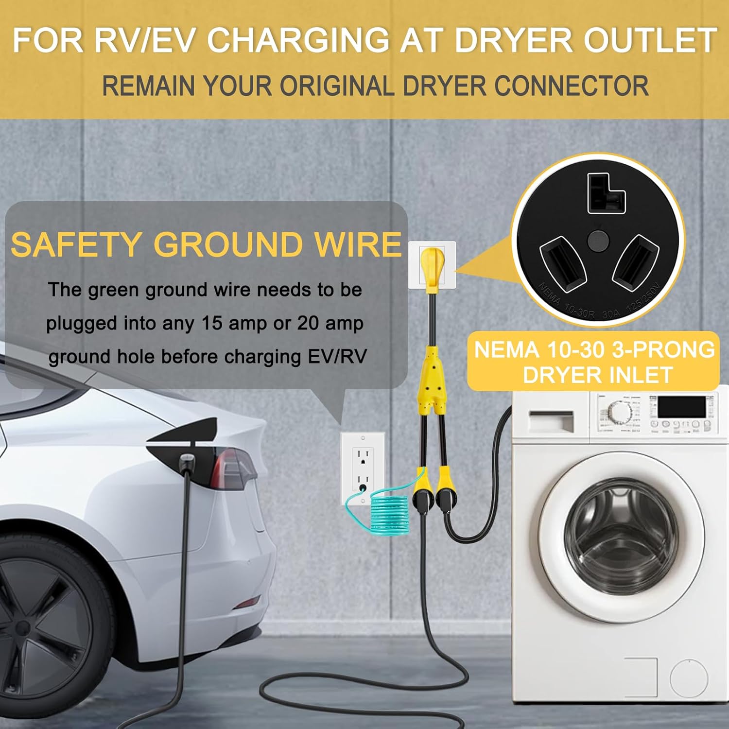 30 Amp Dryer Y Splitter to RV/EV, NEMA 10-30P to 14-50R/10-30R Splitter Power Adapter Cord, Dryer 3-Prong 30 AMP Y Adapter Cable for EV Charging at Dryer Outlet, STW 10 AWG, 3 FT, ETL Listed