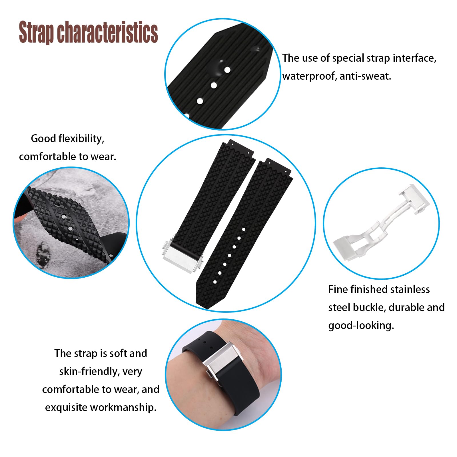 XIW Kompatibel mit 19 mm × 25 mm × 22 mm Hublot Big Bang Gummi-Uhrenarmband mit Edelstahl-Schnalle, Ersatz für Herren, Silikon-Armband, Damen-Armband