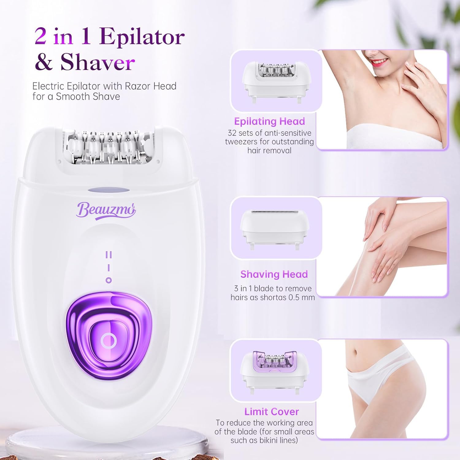 Epilierer für Frauen, schnurloses Gesichtshaarentfernungsgerät mit Rasierkopf und Trimmer, Smooth Glide Epilierer, 2 Geschwindigkeiten & 36 Pinzetten für Gesicht, Beine, Arme, Achsel, Bikini