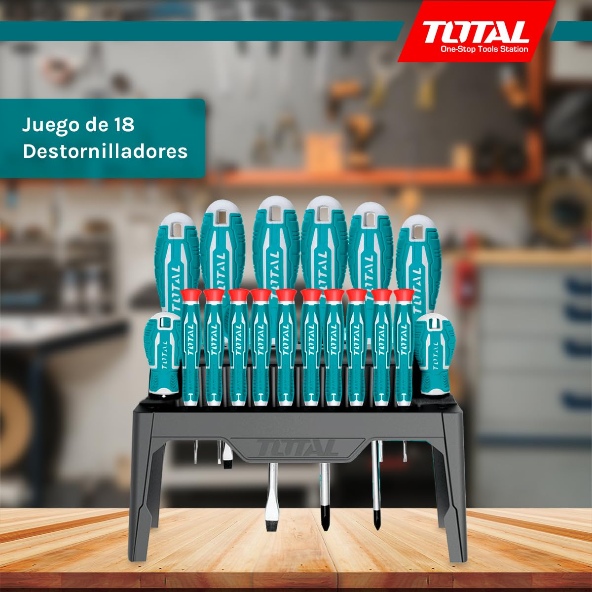 TOTAL - Juego de Destornilladores - Contiene 18 Piezas - Cromo Vanadio - Punta Imantada - Mango Ergonómico - Ideales para Uso Intensivo