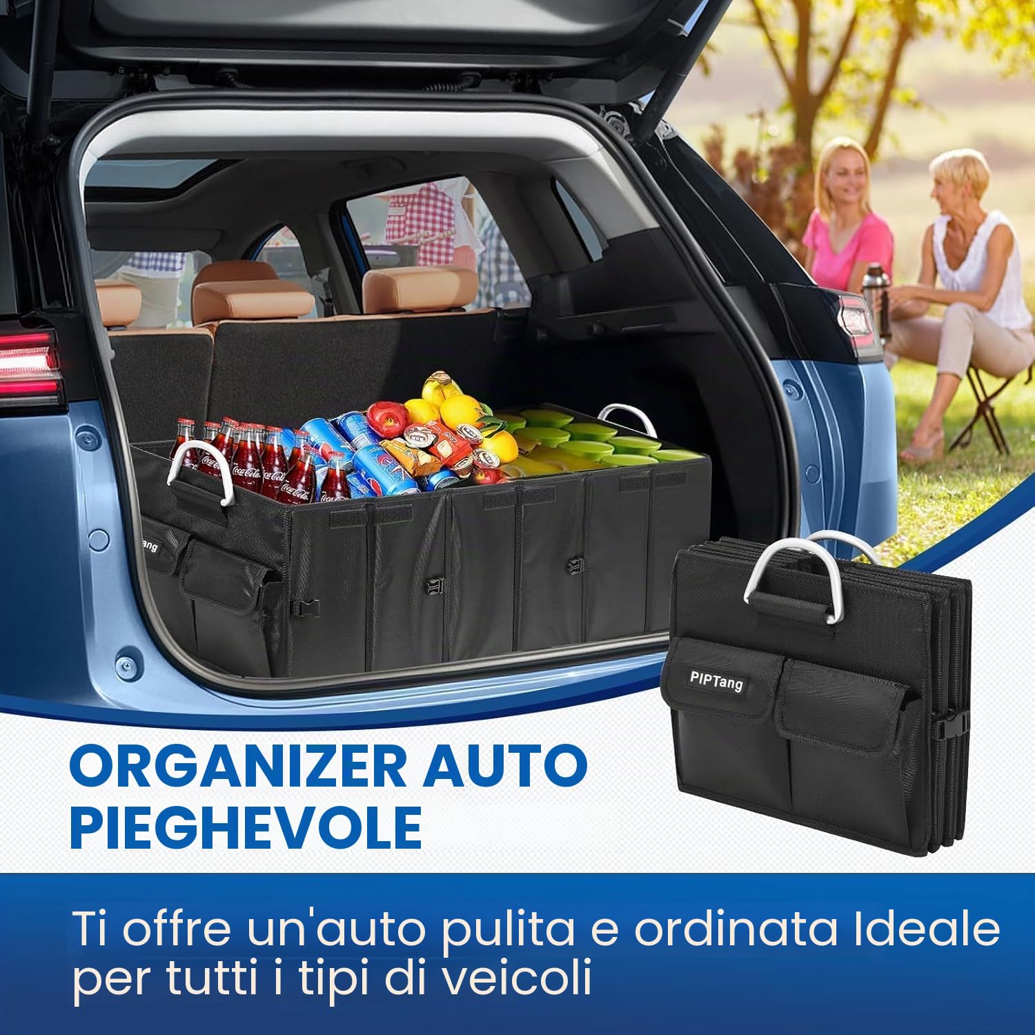 Organizer per bagagliaio XXL, pieghevole, 90 cm, grande con manici in alluminio rinforzati, fondo antiscivolo e tasche multiple, per auto, SUV e camion