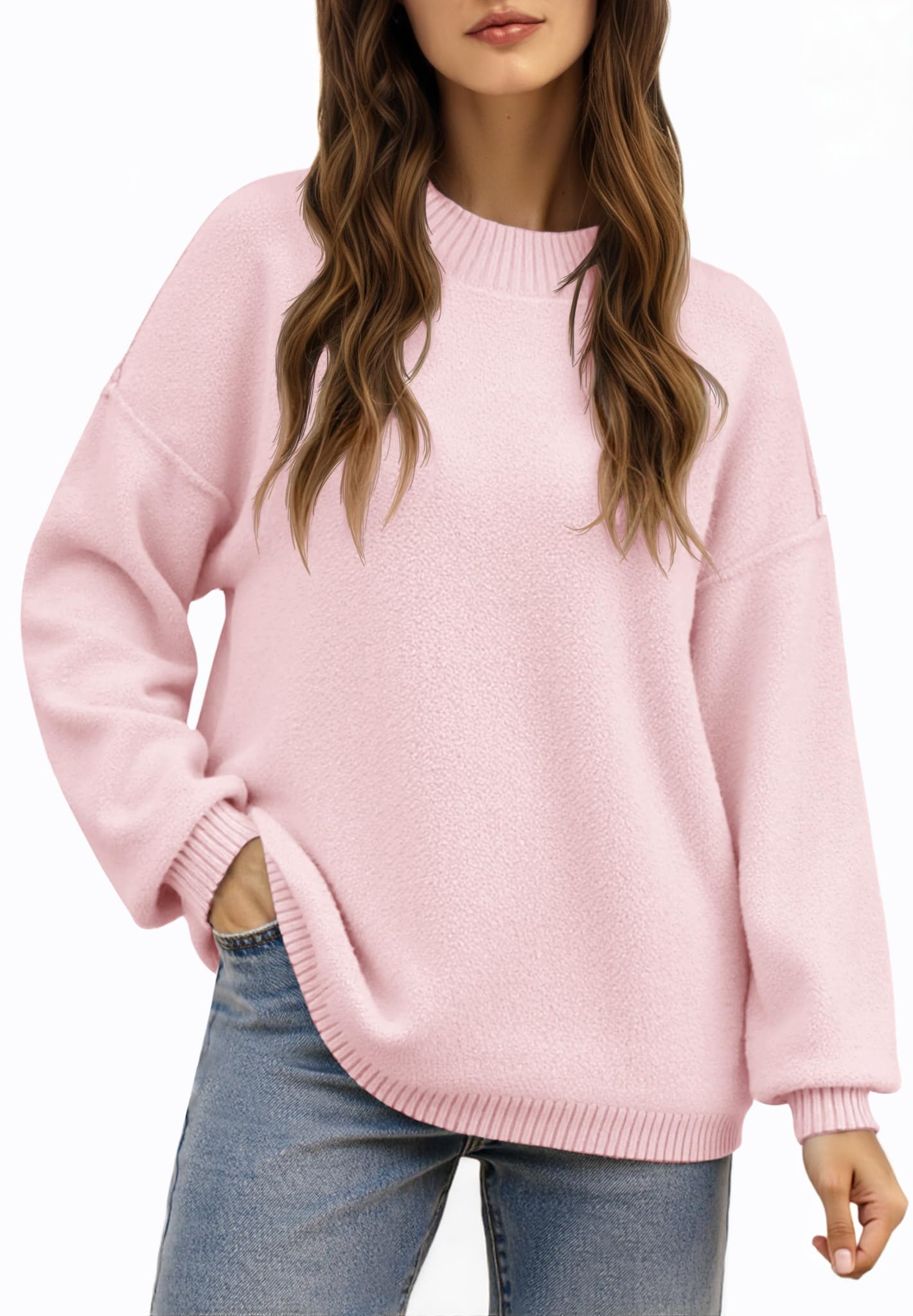 Saodimallsu Womens Crew Neck Sweater Tops Long Sleeve Fuzzy Fall Casual Loose Cozy Knit Pullover Sweaters
