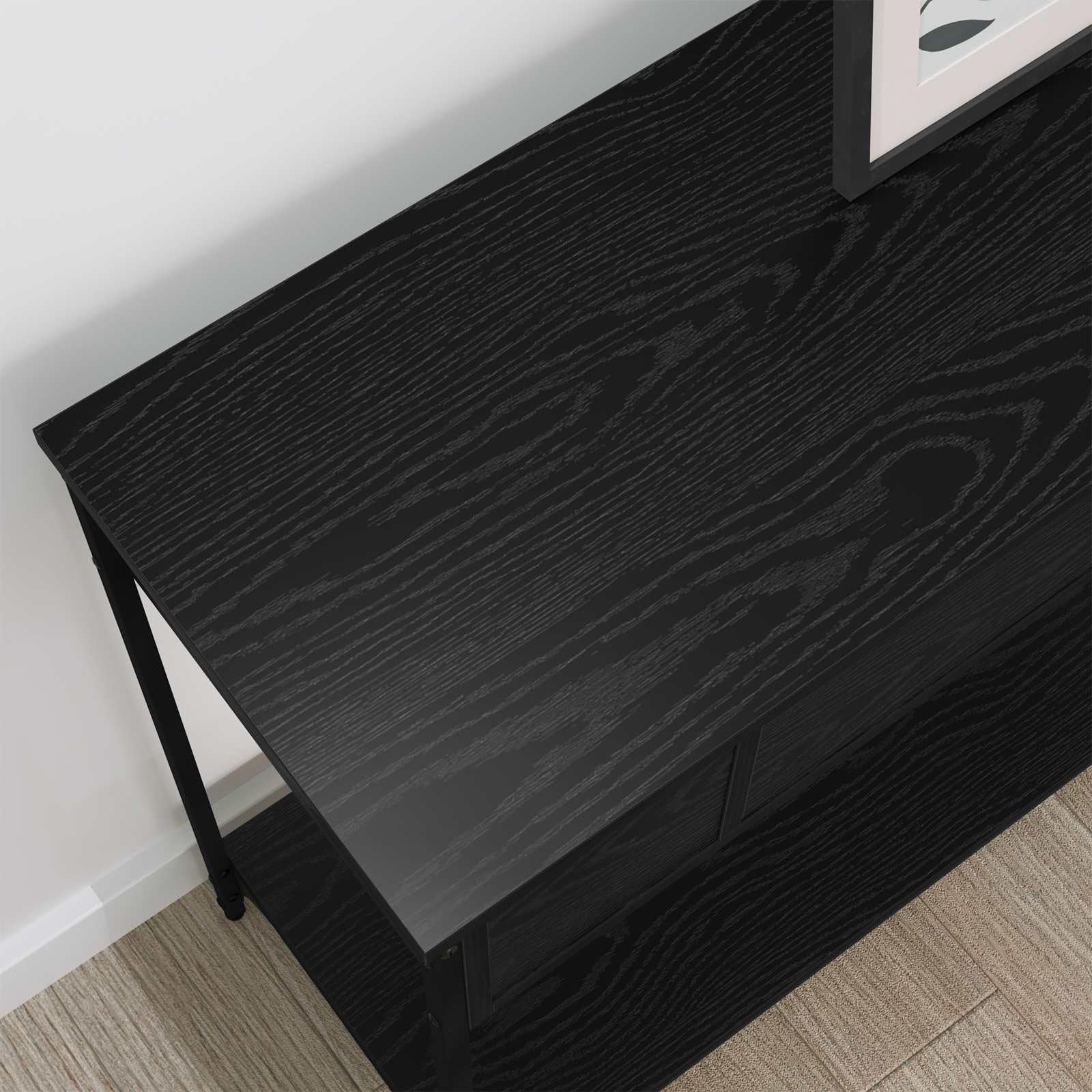 Stolik konsolowy, czarny, imitacja dębu, 100 x 34,5 x 75 cm, materiał drewnopochodny z szufladą i regałem, stabilny stolik pomocniczy do salonu, korytarza, sypialni