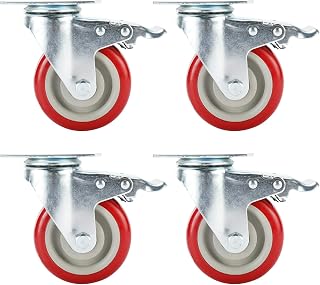 LuckyHigh 4 Pcs/Set Caster Wheels with Brake Heavy Duty Swivel Plate Stem Brake Casters Red Polyurethane Wheels Total 2000LBS (4")