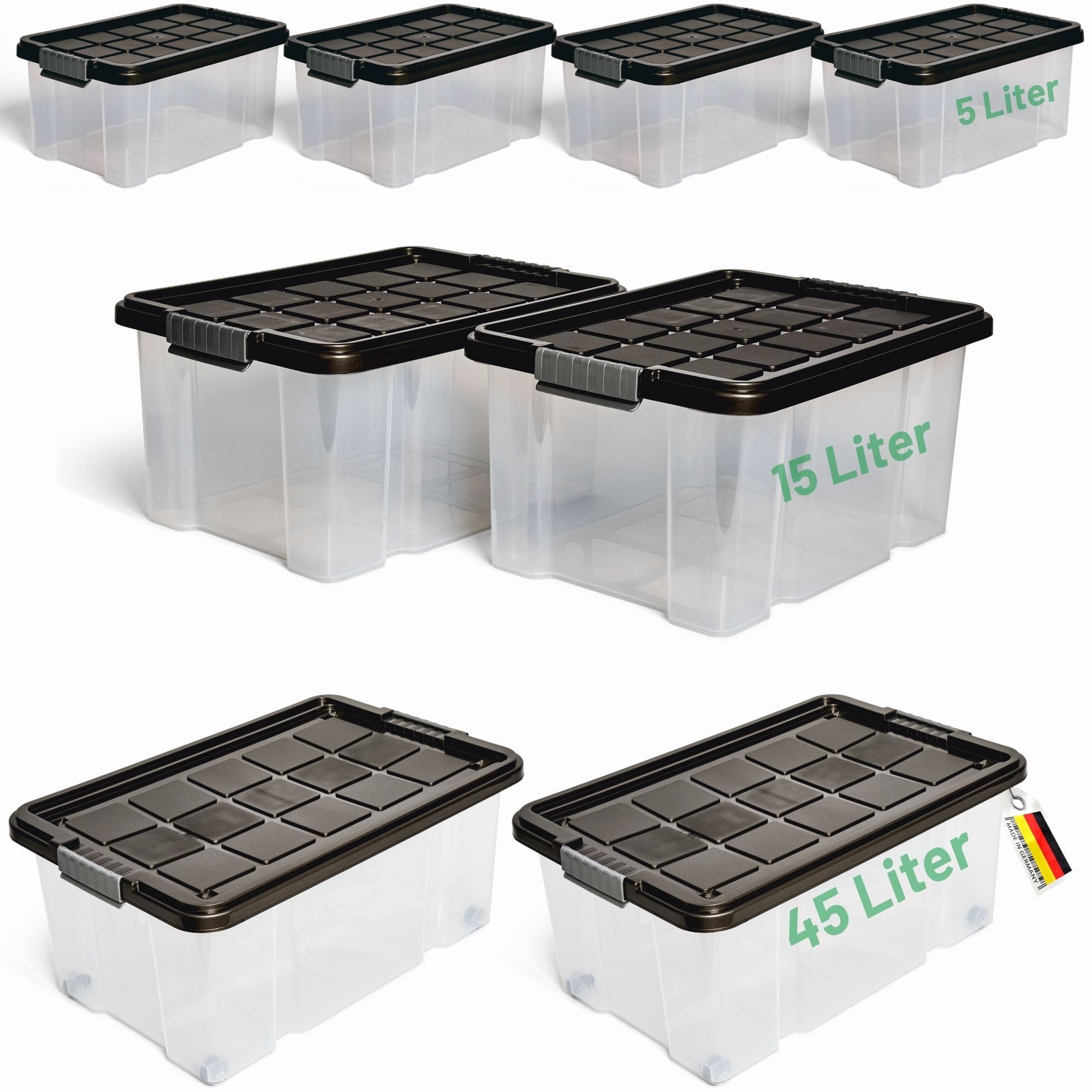 Novaliv - Set di 7 scatole portaoggetti con coperchio, colore antracite, 2 x 45 l, 2 x 15 l, 4 x 5 l, impilabili, con chiusura a clip, senza BPA
