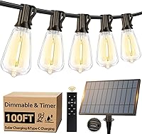 Vista 1 de 100 pies de luces de cadena solar para exteriores con control remoto, luces LED recargables por USB para patio con 52 bombillas ST38 Edison