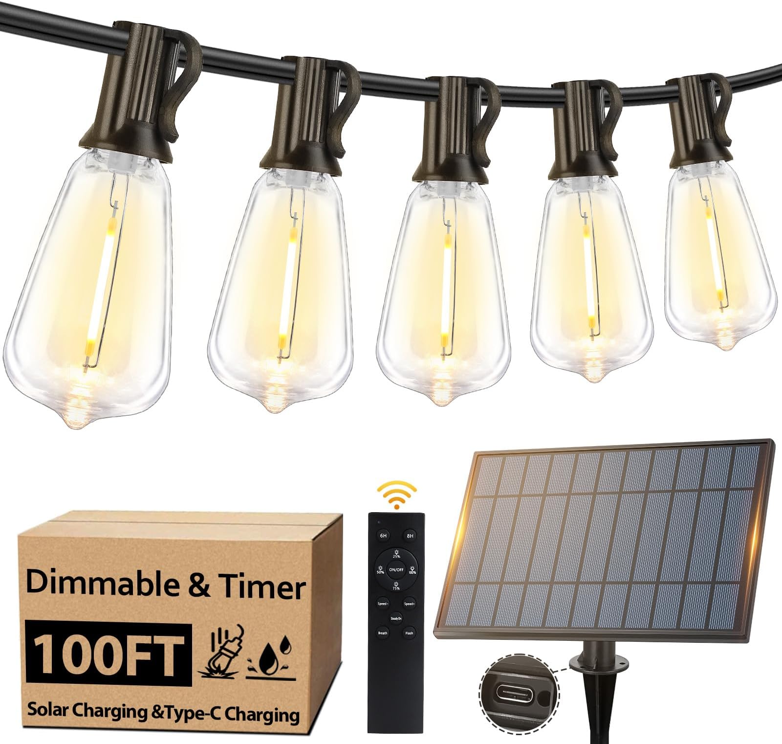 100FT Outdoor Solar String Lights with Remote, USB Rechargeable LED Patio Lig...