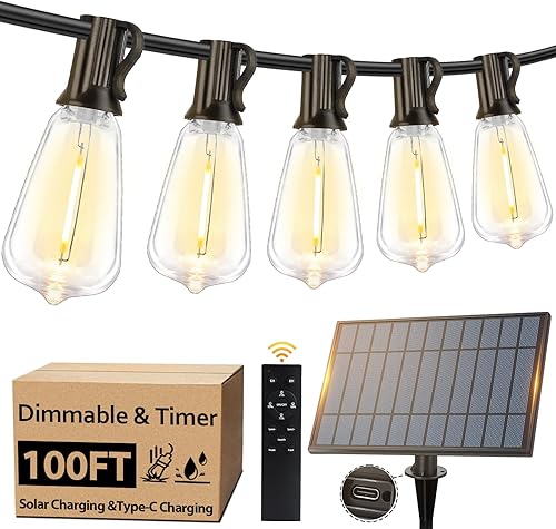 Guirnalda de luces solares para exteriores, impermeables, de 100 pies con control remoto y 52 bombillas LED ST38 inastillables Edison, temporizador,