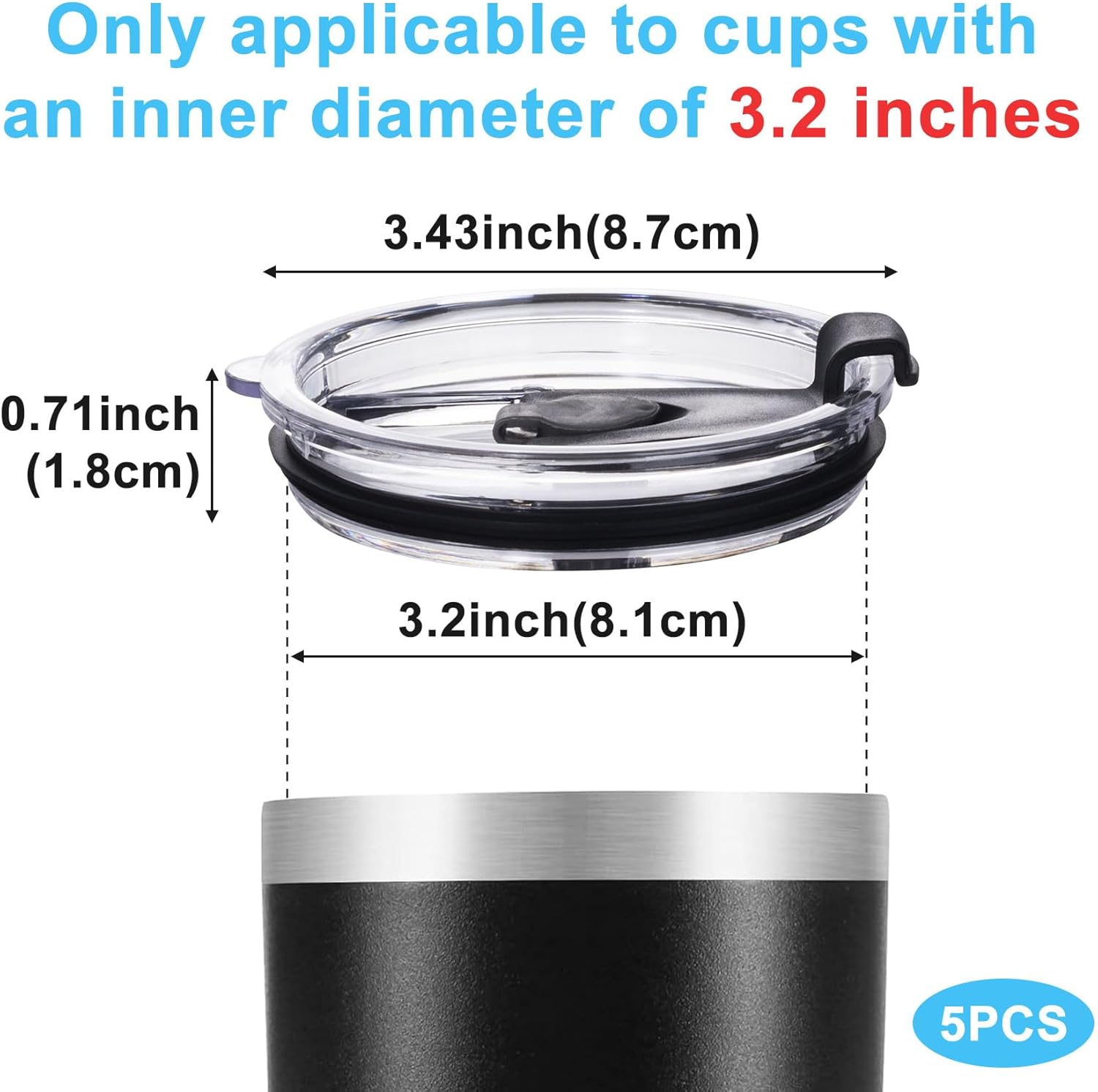 5 Pack Replacement Lids for 20 oz Tumbler,Travel Spill Proof Resistant Cup Lids Covers with Slider Switch fit Coffee Cups and More, Straw Friendly,Black - Image 2