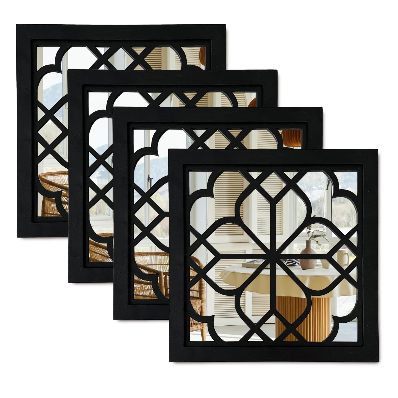 ZEXUIRU Set of 4 Wooden Rustic Square Wall Mirror Vintage Style Decorative Entry Mirror Farmhouse Wall Decoration for Living Room Bedroom Bathroom