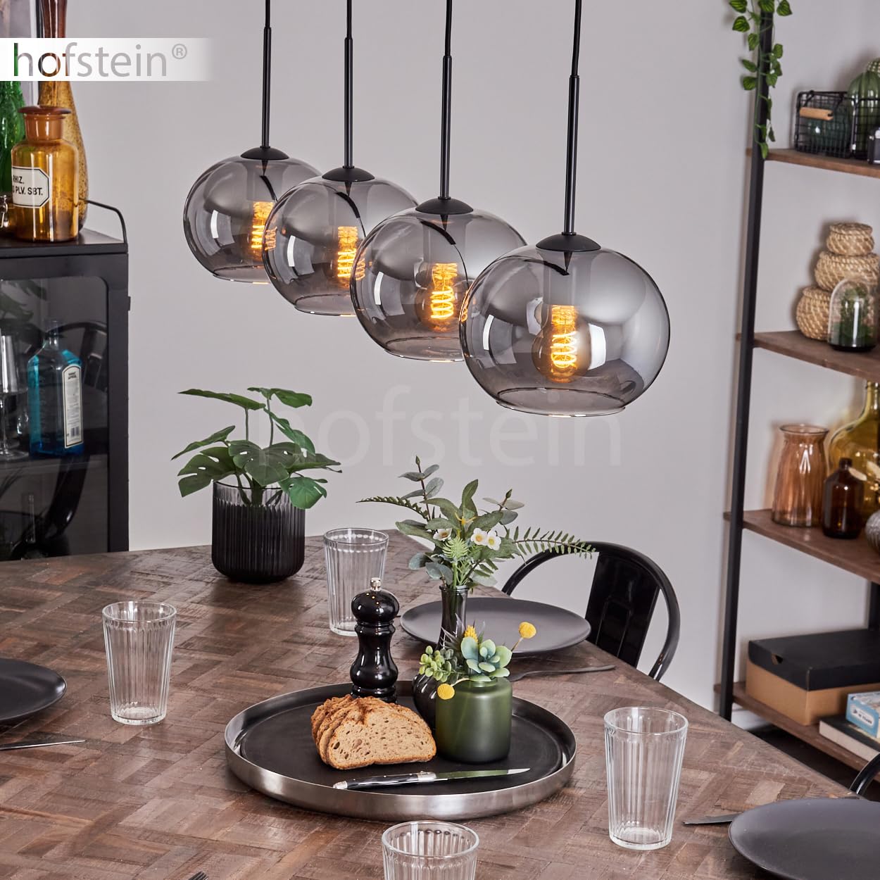 HOFSTEIN Suspension Apedo, 4 ampoules en métal/verre noir fumé, suspension moderne au design rétro/vintage, abat-jour Ø 20 cm, E27, salle à manger, cuisine, salon