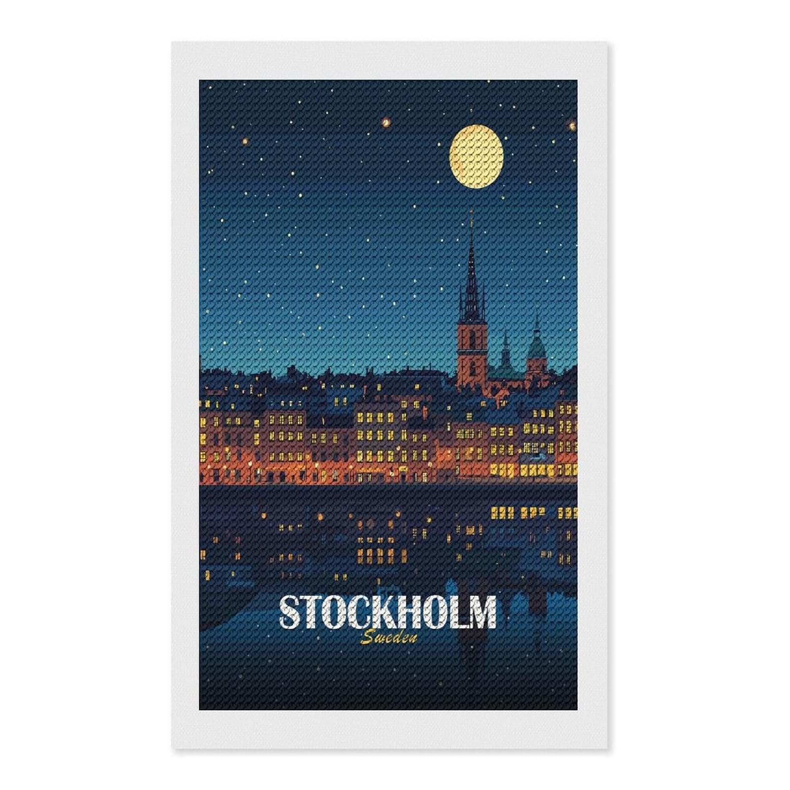Junmoney Stockholm Sweden Night Cityscape Illustration Diamond Painting Canvas Set 12"x20", for Adults, Sparkling Round Gems, Thoughtful Handmade Gift, Modern Decor