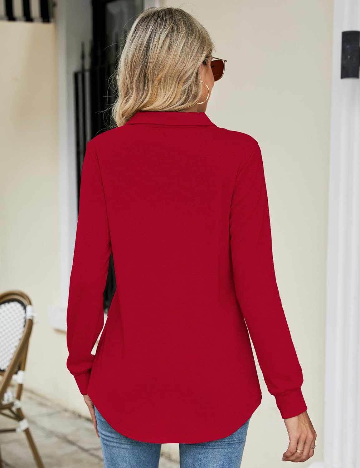 Micoson Women's Long Sleeve Button Lapel Tunic Tops V Neck Business Casual Swing Sweatshirt Pullover - Image 2