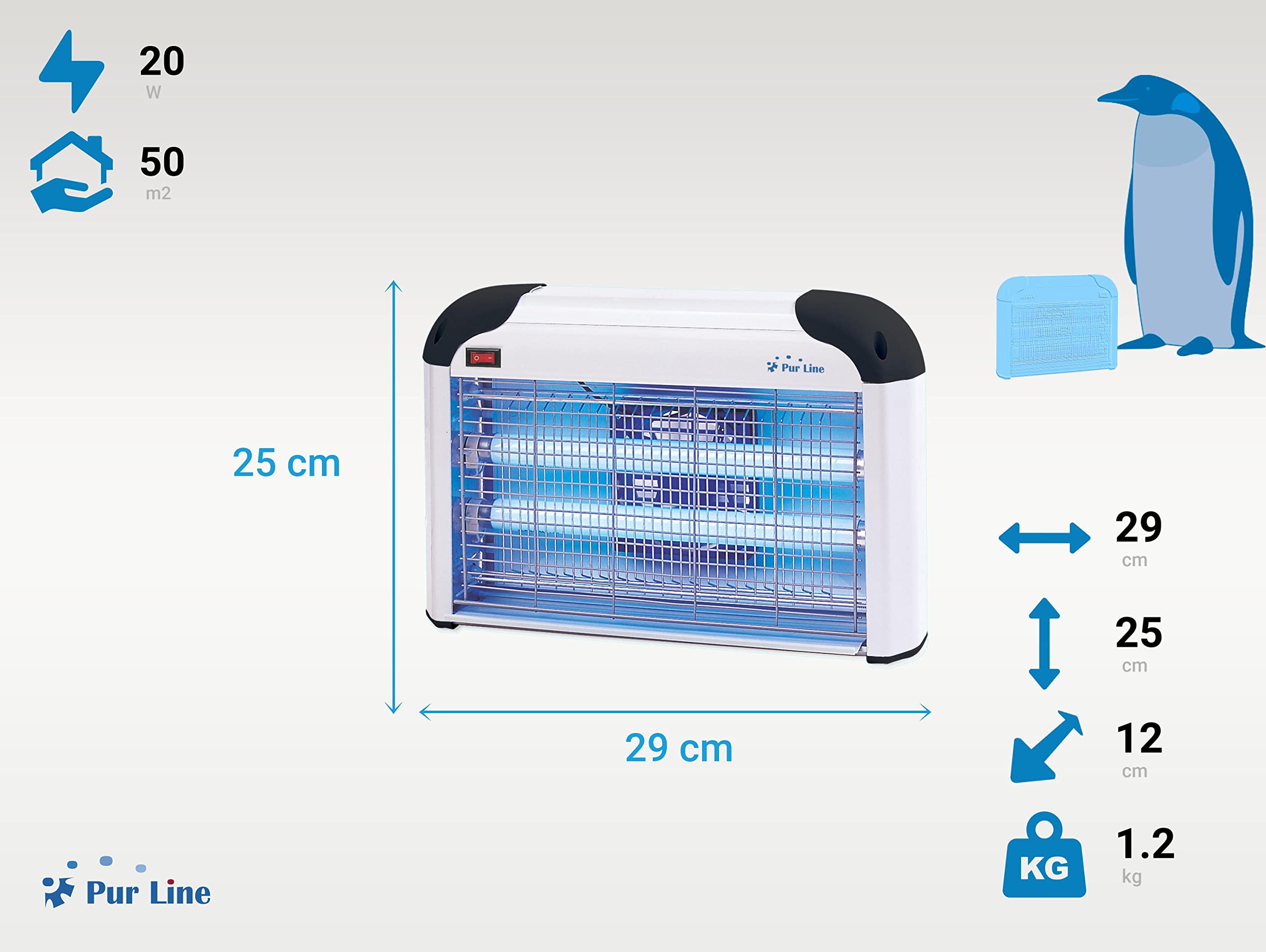 PURLINE Uccide insetti murale con luce ultravioletta da collocare a parete o soffitto, lampada UV 2 x 6 W, ideale per 50 m2 Consumo 20 W ZZAP Turbo 3