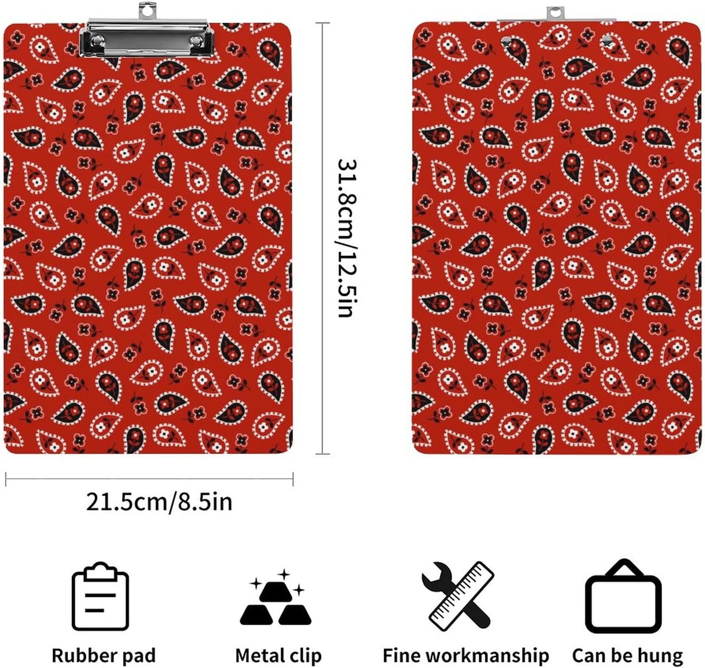 Red Paisley Bandana Acrylic Clipboard 1 Pack Clipboard A4 Letter Size Clip Board with Shiny Finish Clip