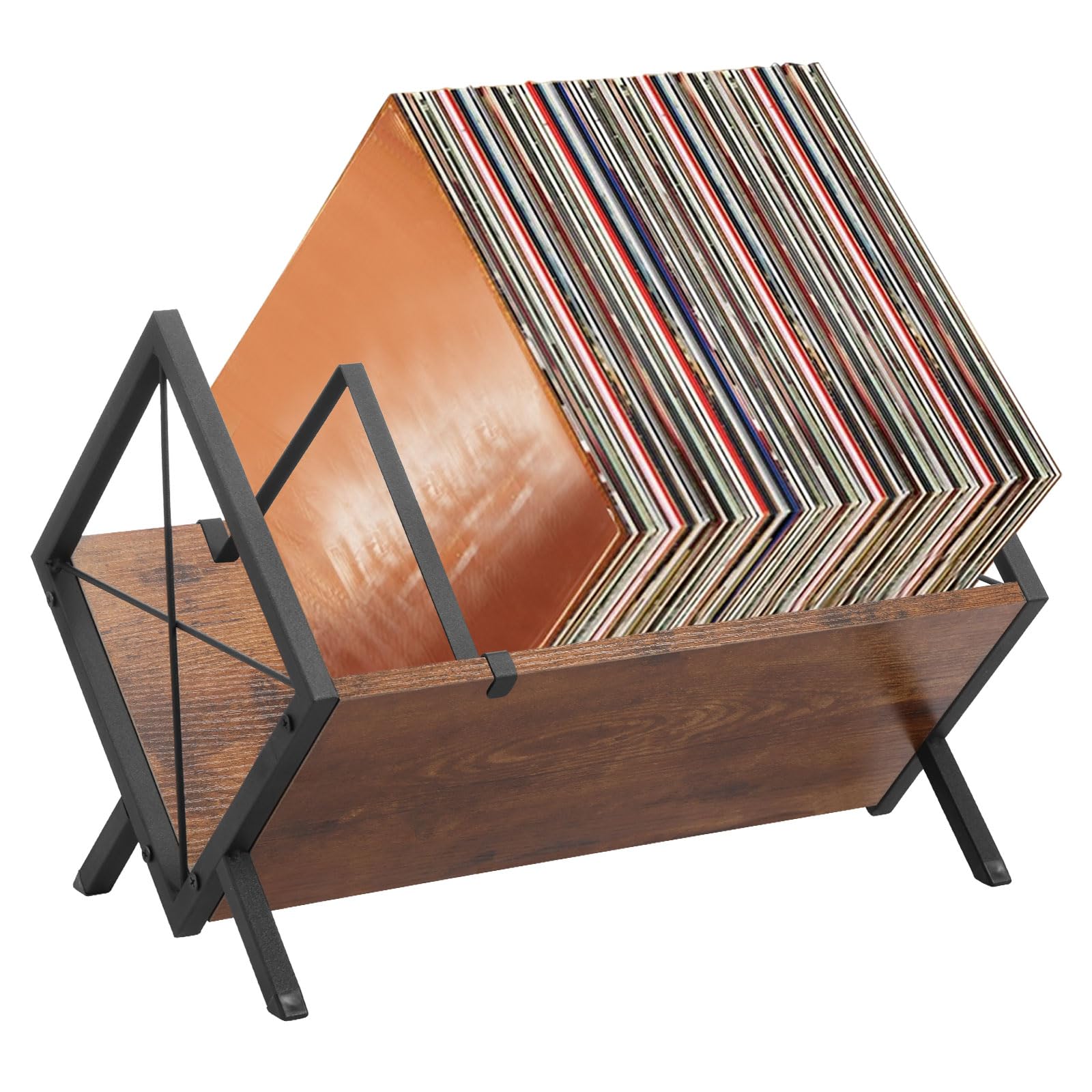 Ktcina Brown Vinyl Record Storage Rack With Adjustable Divider, 80 Lp Wooden Metal Vinyl Record Holder Decorative Album Stand Records Display Shelf For Albums Magazines Books Mails