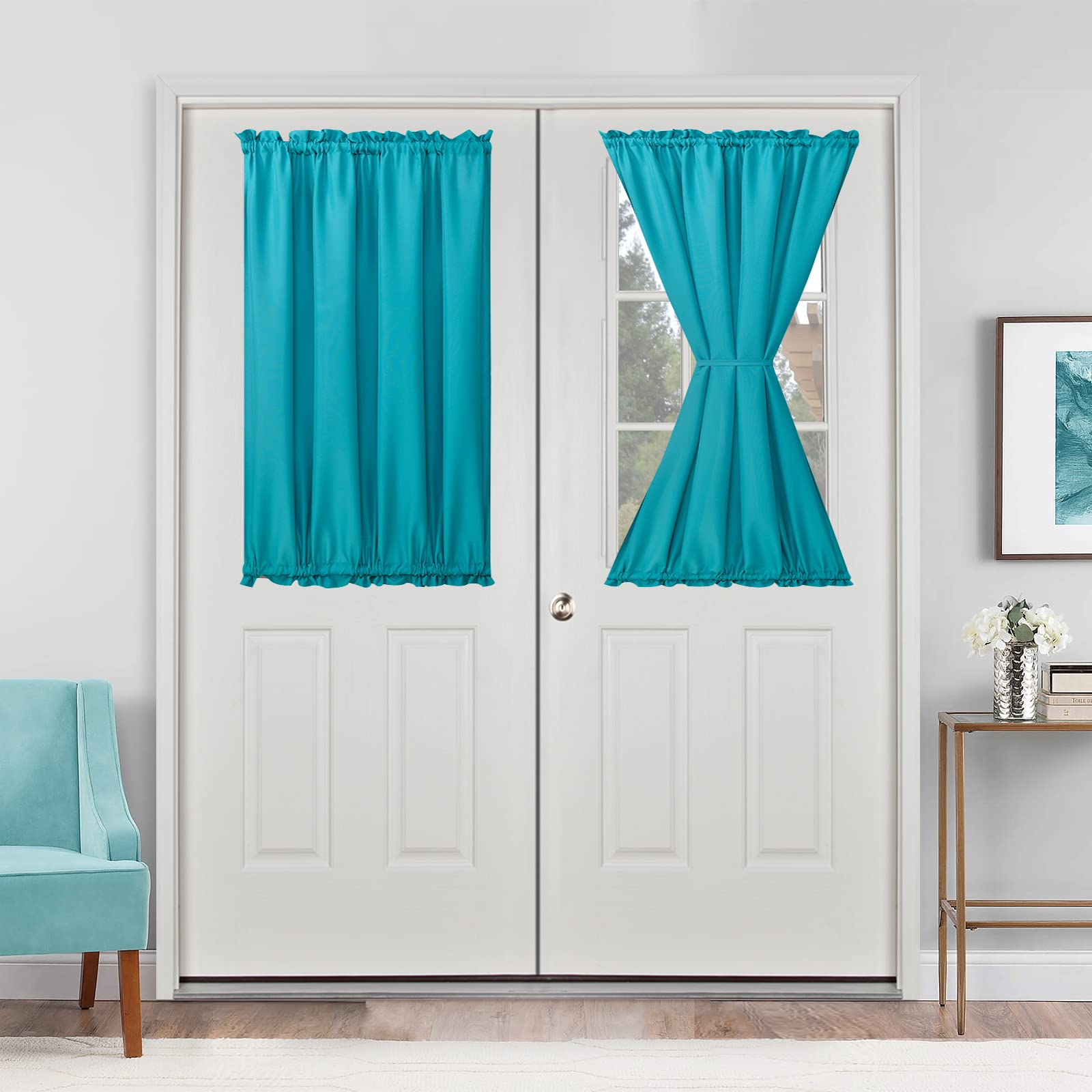 Rideaux de porte française Hiasan turquoise contre le soleil direct et le vis-à-vis de rue