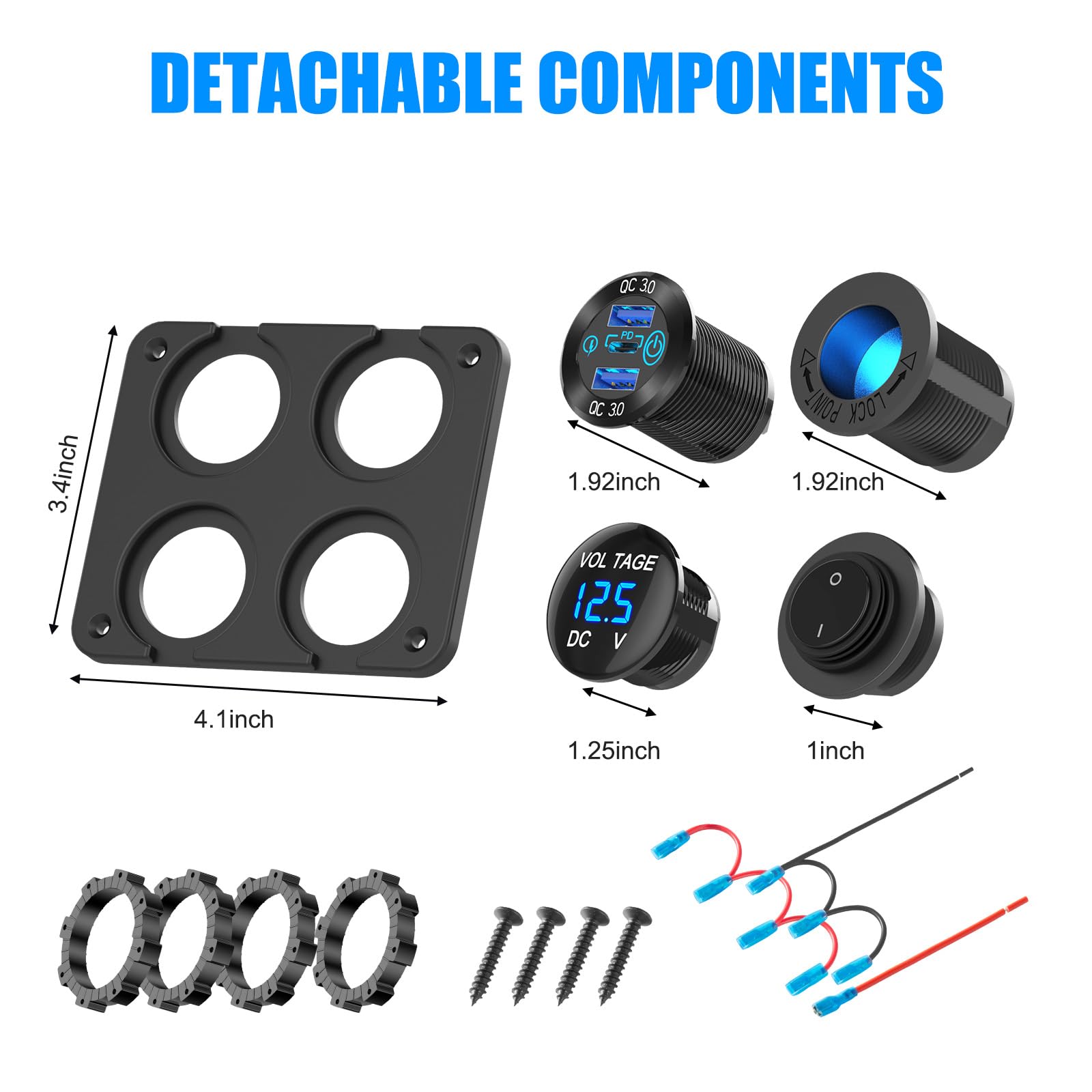 Presa USB 12Volt Accessorio per camper Pannello interruttore marino 12V, Doppio caricatore di alluminio con porta USB PD30W e QC18W, Presa accendisigari 150W, Voltmetro blu e interruttore a bilanciere