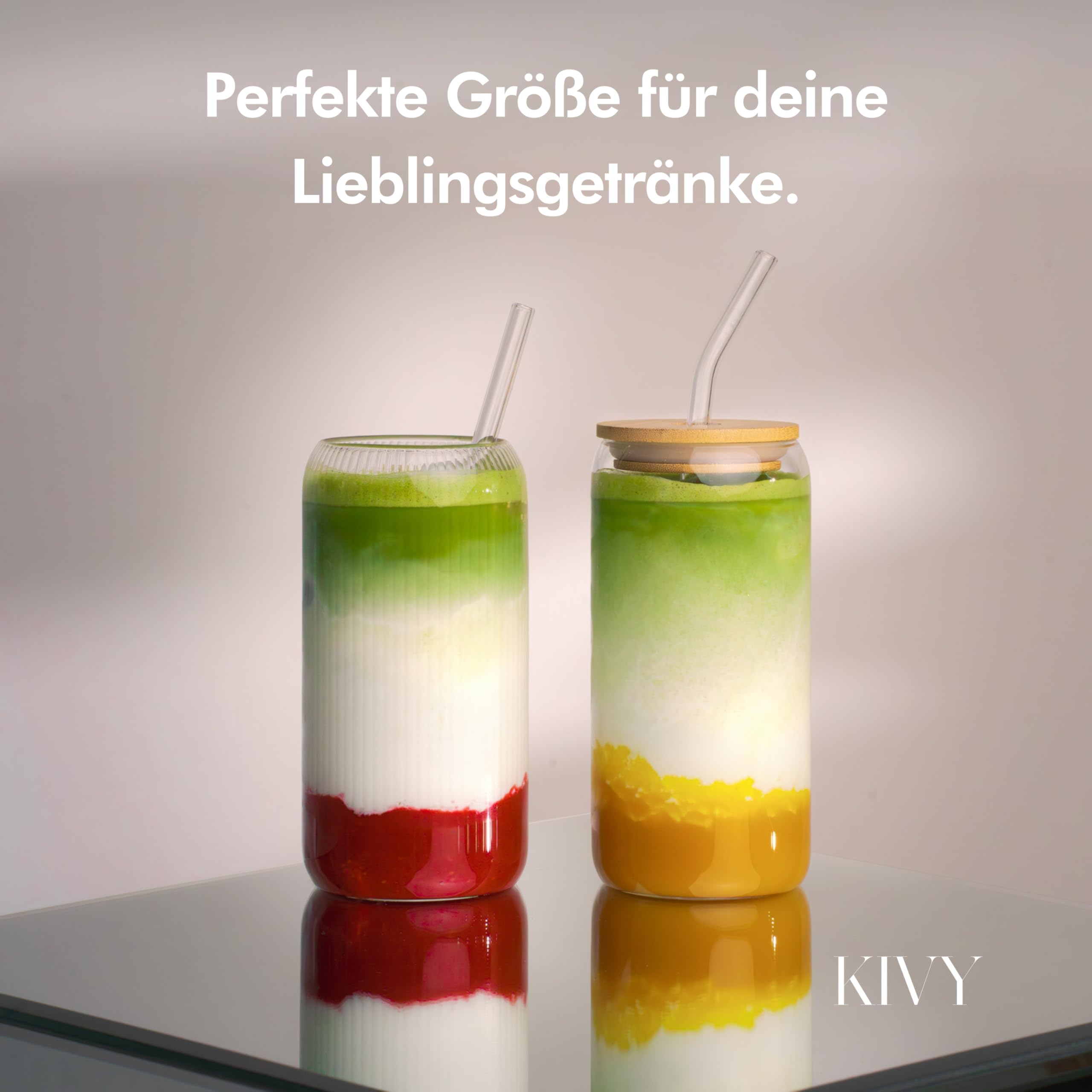 KIVY Zestaw 4 słoików ze słomką – Szklanki ryflowane Aesthetic – Iced Matcha – Szklanki do kawy mrożonej – 4 x 450 ml