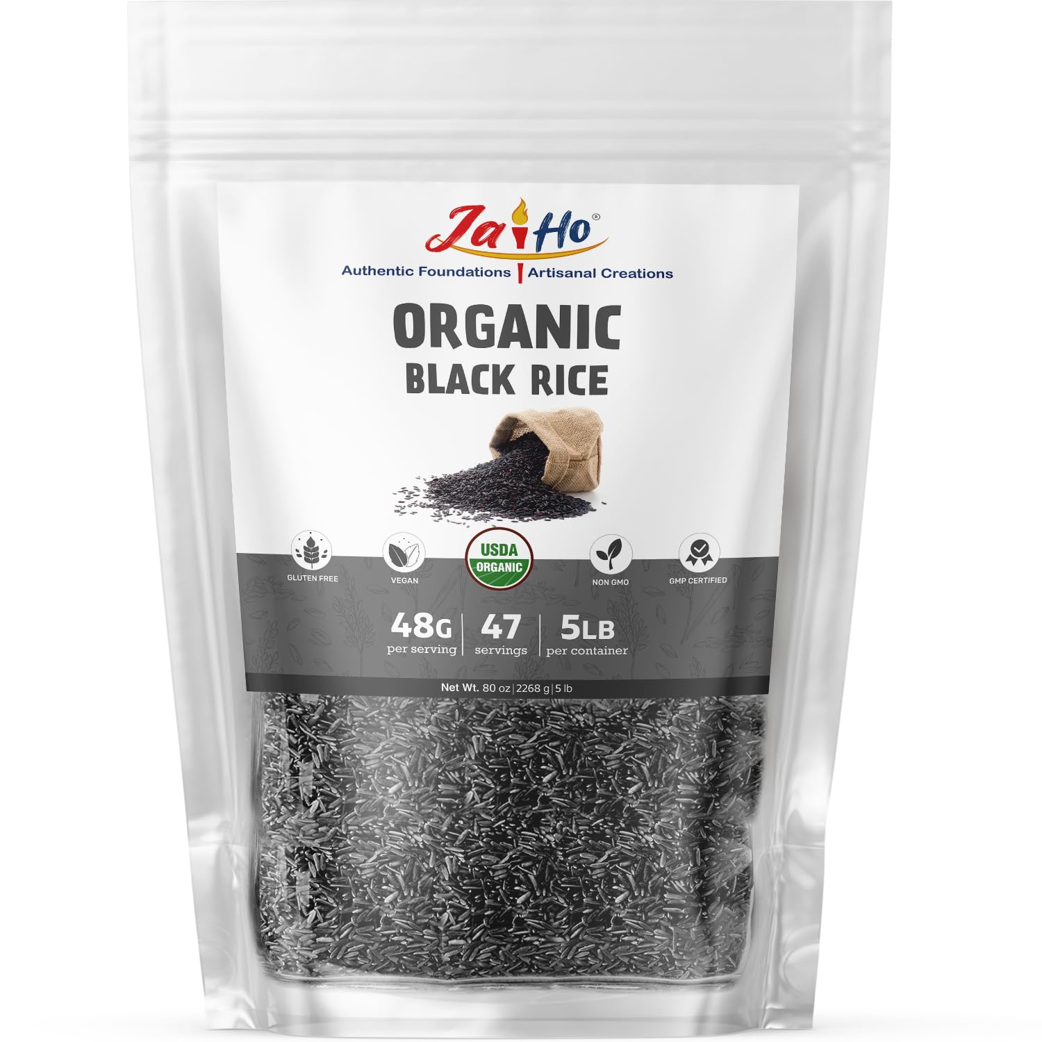 Jai Ho Certified Organic Black Rice – 5 LB Resealable Pouch Gluten-Free, Vegan, Non-GMO Whole Grain – Rich in Antioxidants & Nutrients – Premium