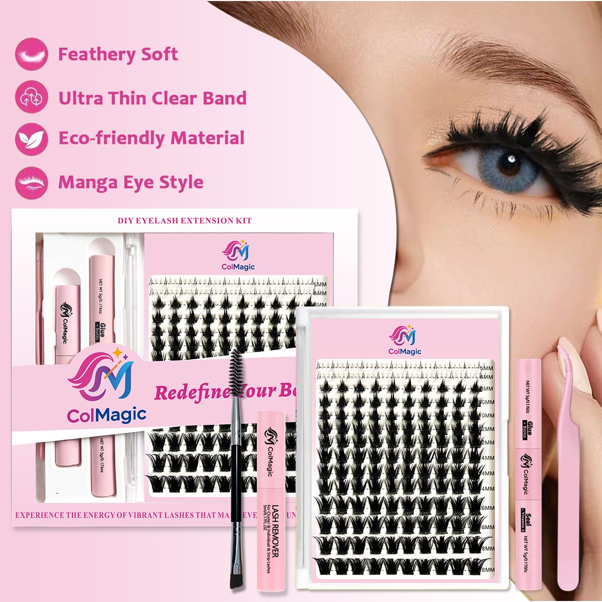 Lash Clusters Kit,148 Clusters of Natural & Curly DIY Lash Extensions Kit Long-Lasting Fluff & Weightless Look with Ultra-Thin Band Glue Remover Tweezer for Beginners(D Curl Eyelash Kit, 5-18mm)