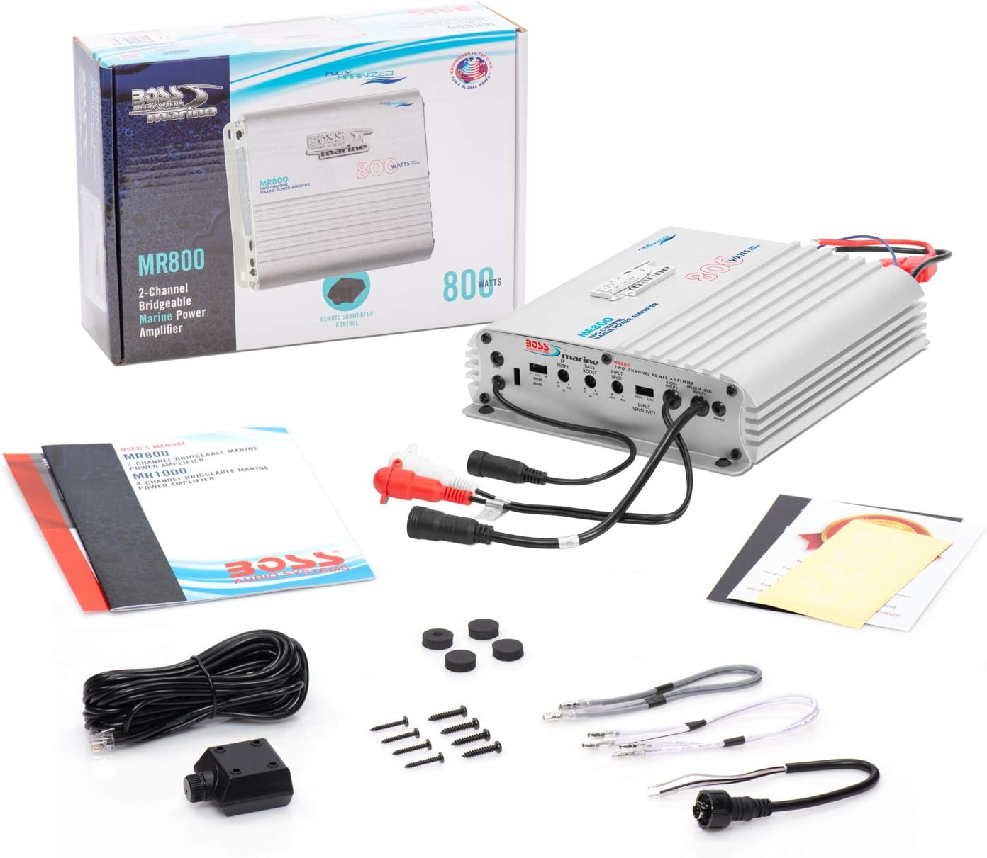 BOSS Audio Systems MR800 Marine Grade 800 Watt, 2 Channel, 2 4 Ohm Stable Class AB, Full Range, Bridgeable, Mosfet Power Supply Amplifier with Remote Subwoofer Control : Electronics