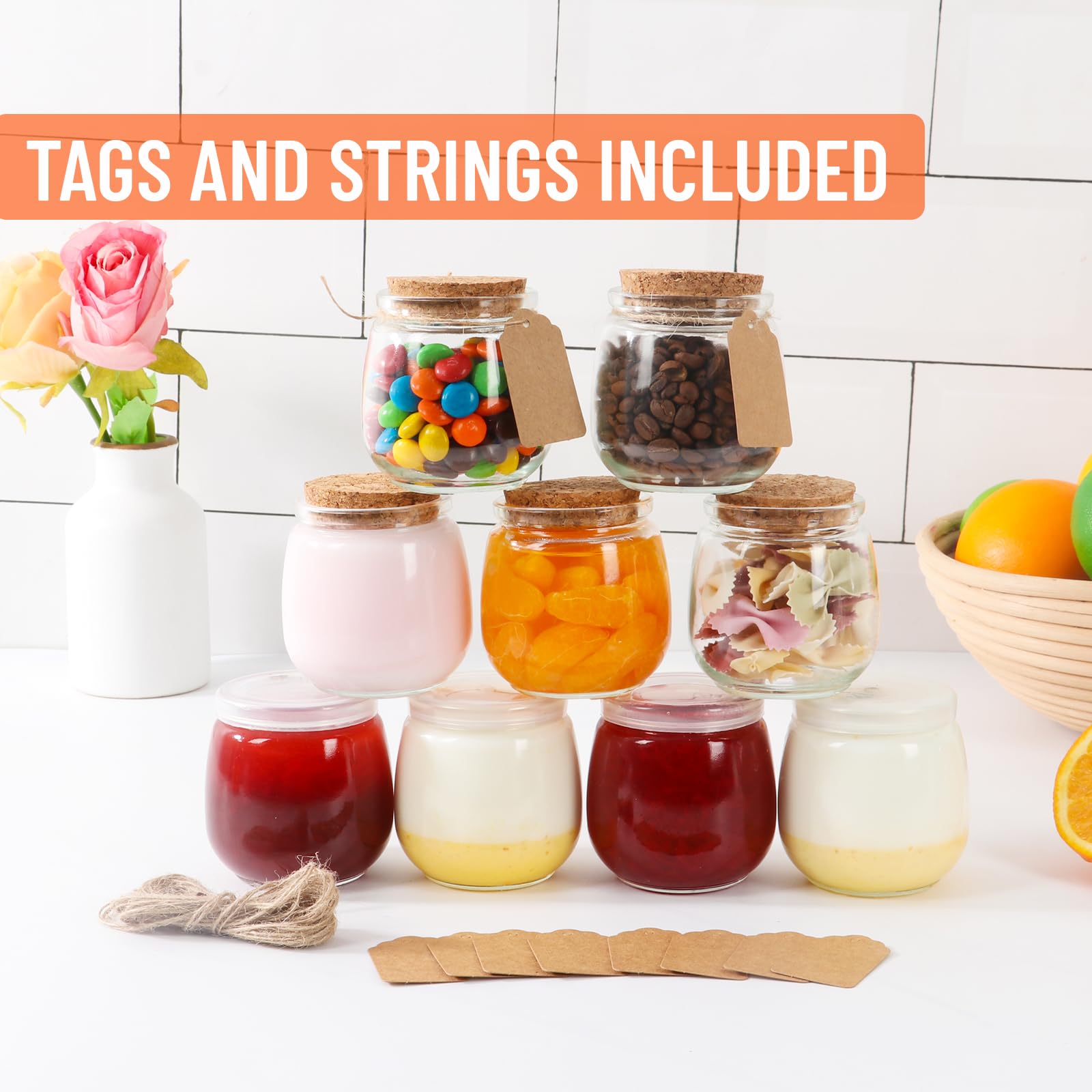 Jaisie.W Paquete de 40 tarros de vidrio de 7 onzas con tapas de corcho y polietileno, tarros pequeños de yogur con tapas, tarros de pudín seguros para alimentos, para miel, mermelada, especias, velas