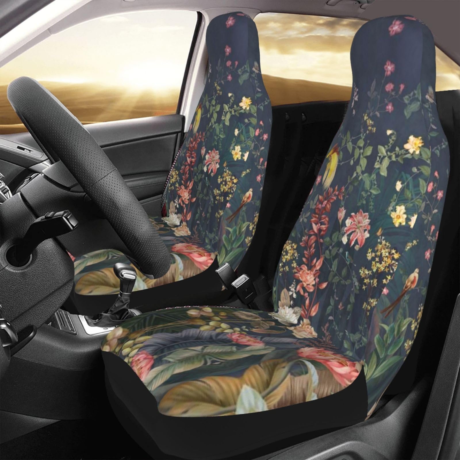 2-Piece Car Seat Covers - Purple Flowers Hummingbirds Print Seat Protectors