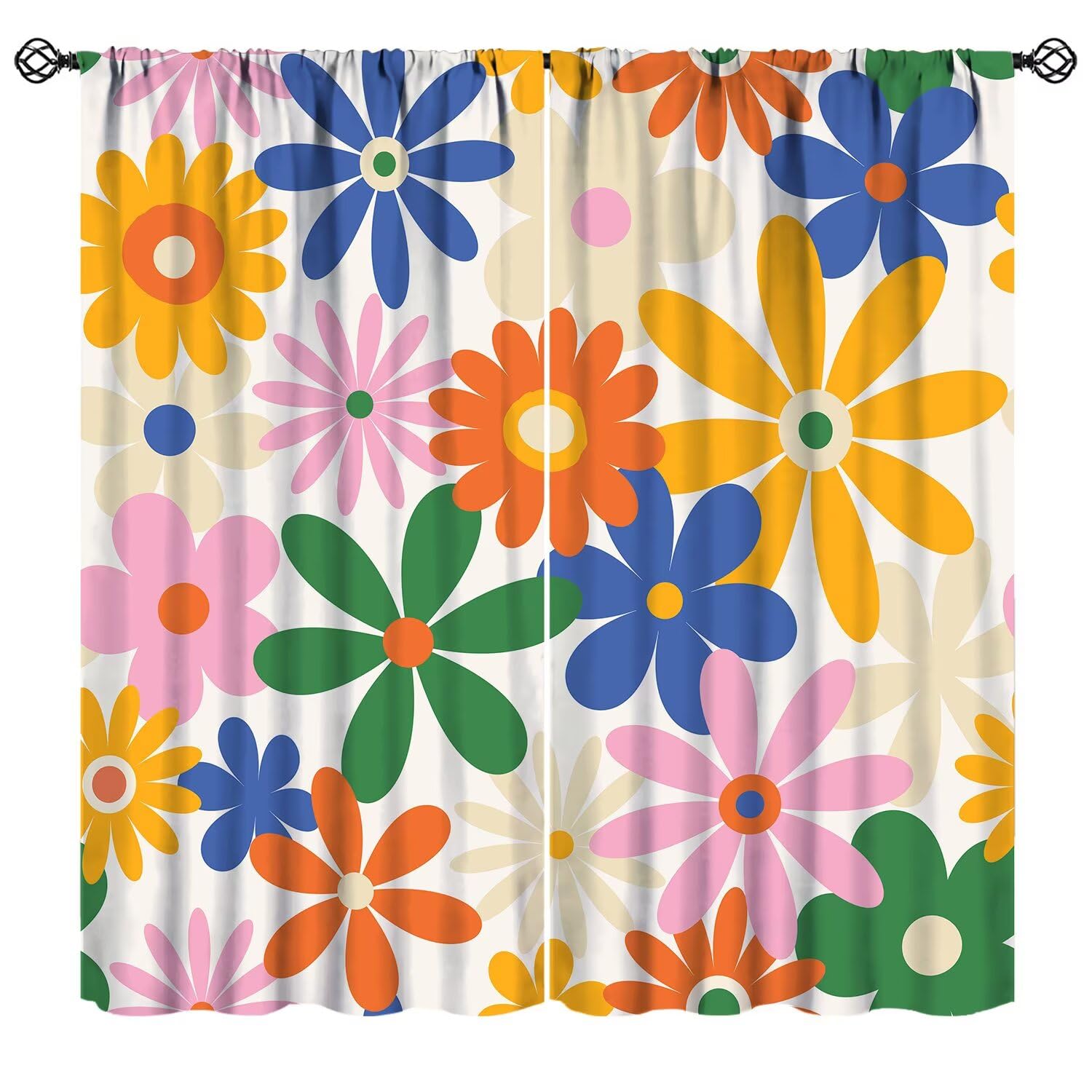 JanJCurt 70s Daisy Flower Curtains, Retro Boho Hippie Colorful Groovy Floral Print Blackout Window Treatments for Kids Girls Bedroom Livingroo Kitchen