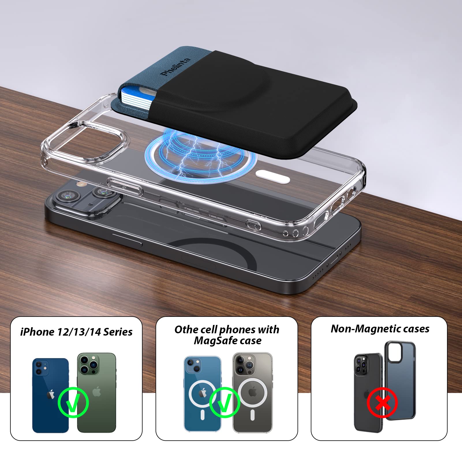 Phelinta Magnetic Wallet Kompatybilny z MagSafe Wallet dla iPhone 17/Air/16/15/14/13/12 Serii, Magnetyczny Portfel na Karty Kredytowe z Klapką, Przechowuj 5 Karty