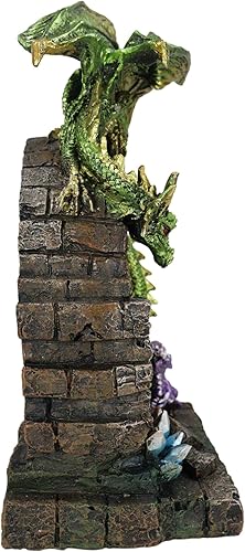 Miniatura 5 de Ebros Gift Dragón madre esmeralda verde posado en arco de ladrillo puerta de madera con bebé Wyrmling rosa y cristales azules con luz LED de noche