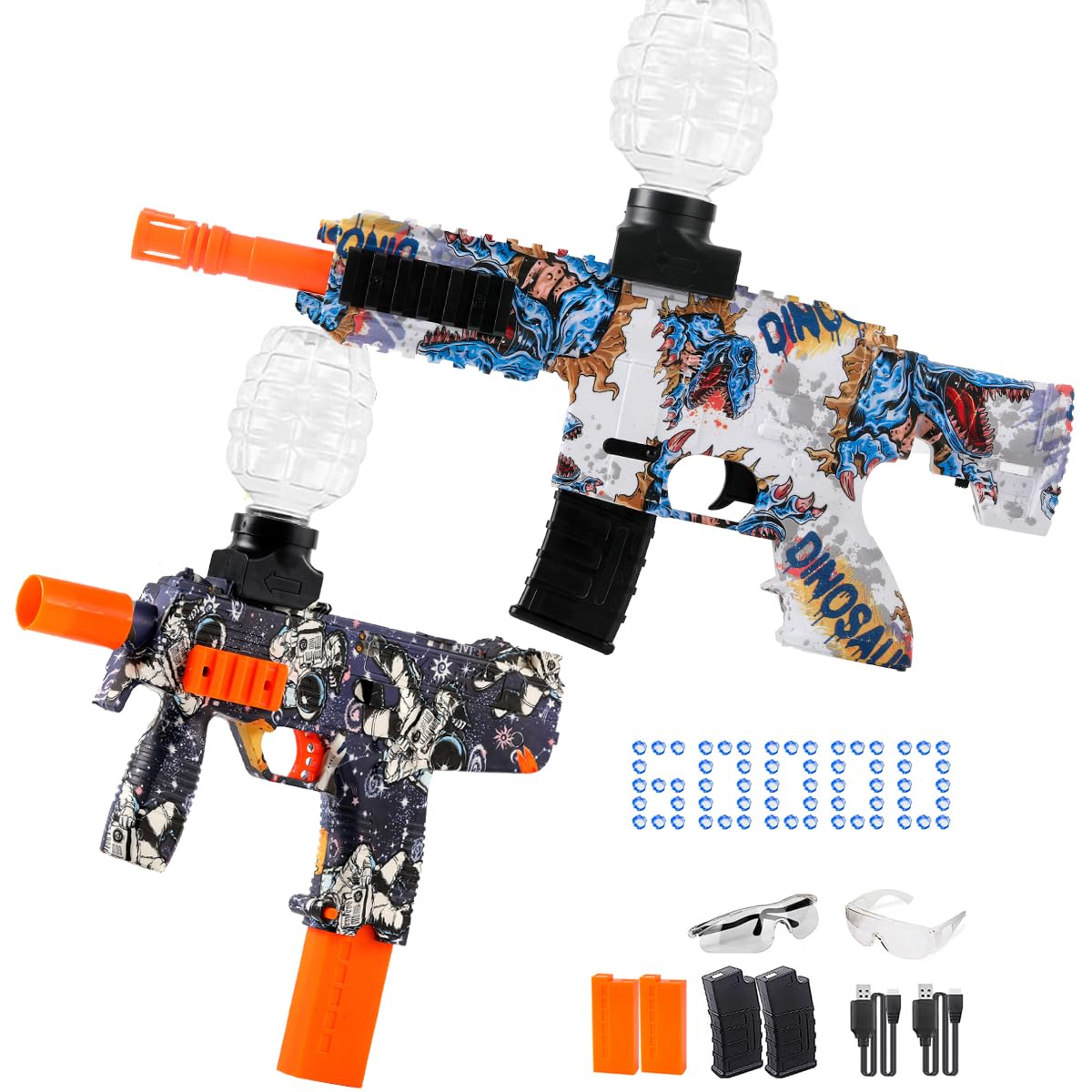 HYNXM 2 Pieces Gel Ball Blaster Toys - with 4 Rechargeable Battery, 3 Round Hopper, 2 Goggles, 60000+ Toy Ball, Sports Toys Ages 14 & Up (dinosaur + astronaut)