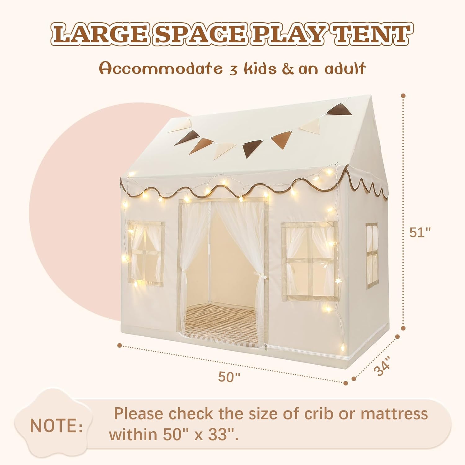 Kids Play Tent, Toddlers Large Playhouse with Mat, Star String, Flag, Machine Washable, Indoor and Outdoor Play Tent for Kids, Girls & Boy Aged 3+, 50" x 34" x 51", Cream