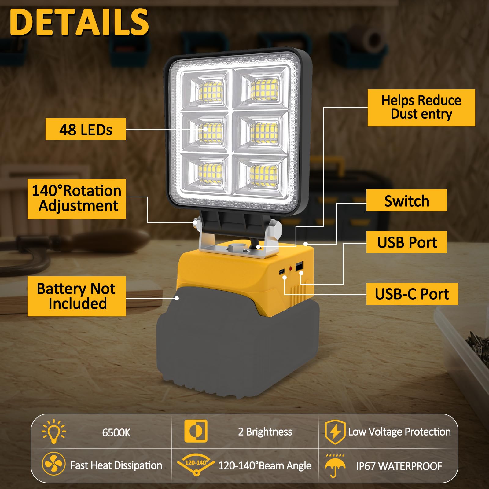 Luces LED Trabajo Compatible con Dewalt Batería 18V, T-SUNUS Lámparas de Trabajo Portátiles, 48W Foco LED Recargable 2 Brillos, para Jardines Camping Pesca Garajes Emergencia, 2 Piezas (Sin Batería)