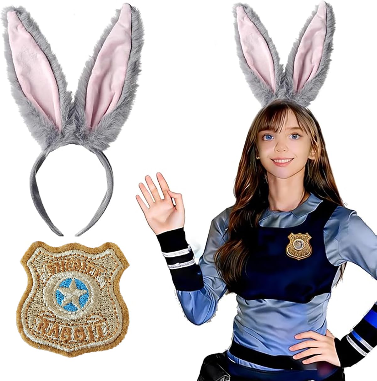 Bunny Rabbit Ears Headband and Badge Costume Accessories Set for Women Halloween Cosplay Party Holiday