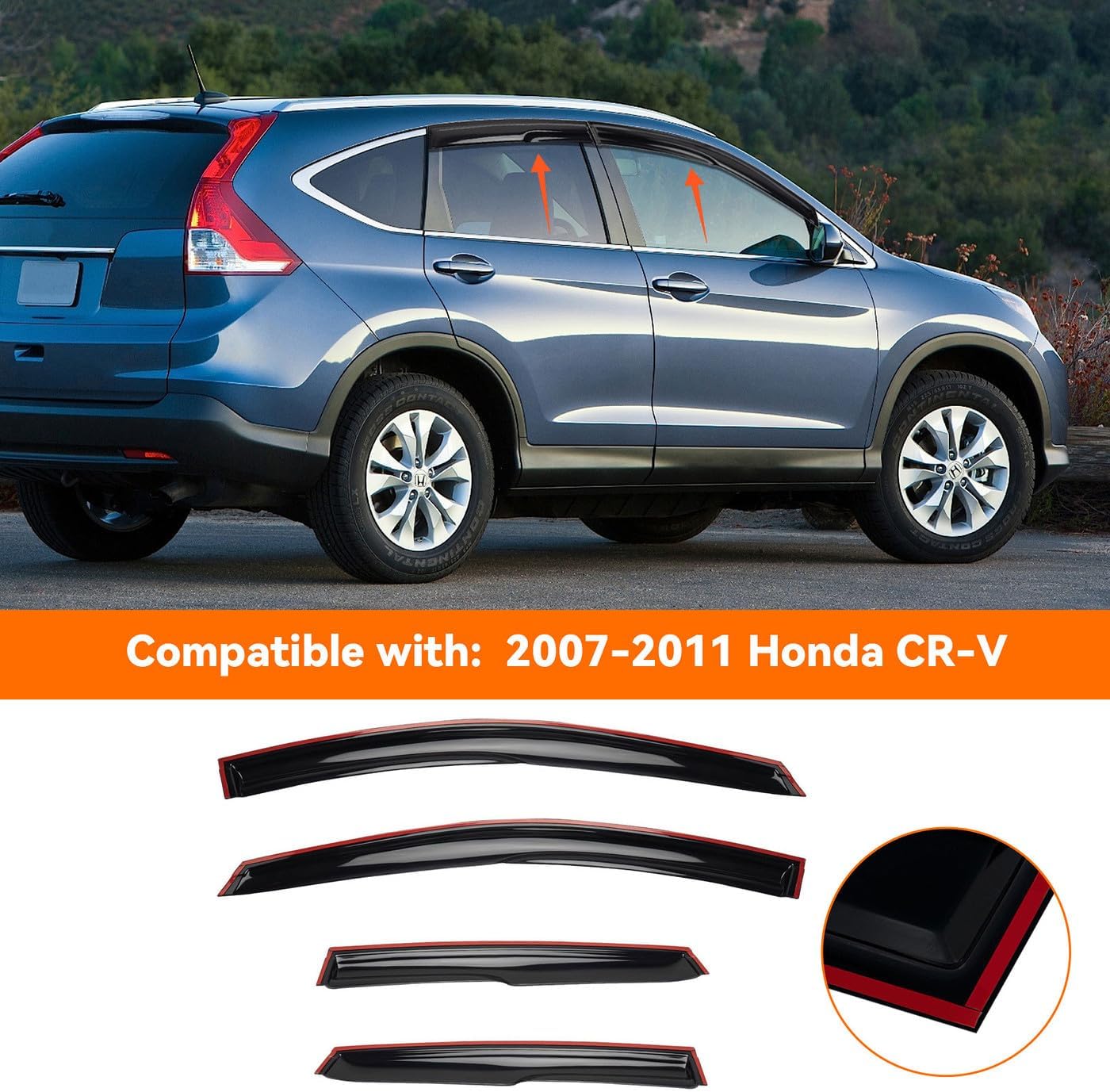 4pcs jdm 3d wavy mu style window visors compatible with 2007-2011 honda cr-v crv, front+rear left+right outside mount type dark smoke tint tape-on side sun rain guards set of 4 2007-2011 honda crv