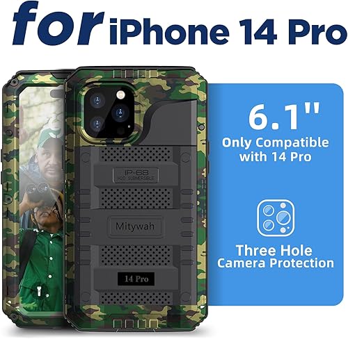 Miniatura 2 de Mitywah Funda impermeable para iPhone 14 Pro, resistente a prueba de golpes con protector de pantalla integrado, funda de metal de protección